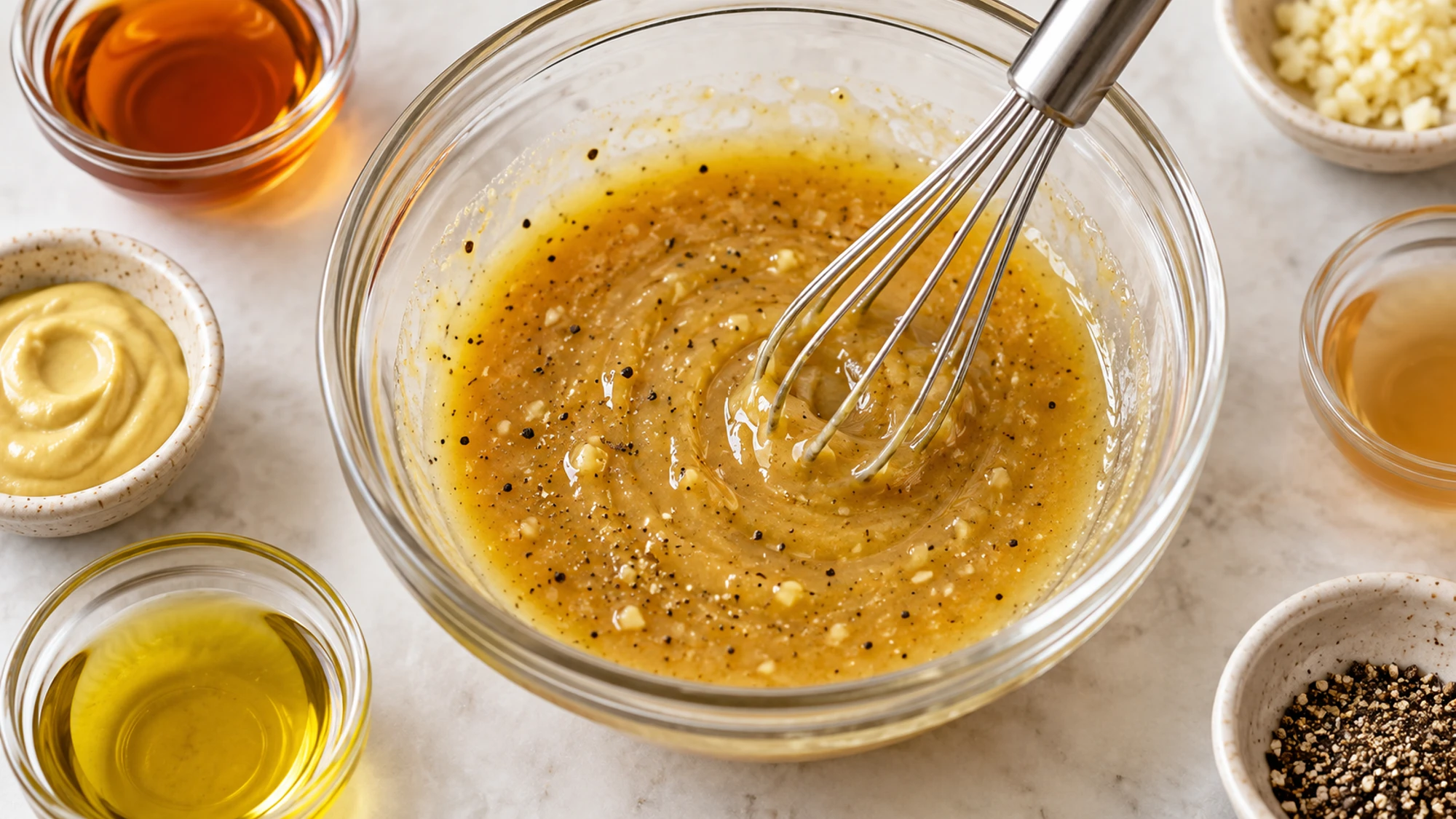 Whisking the tangy sauce for maple mustard chicken