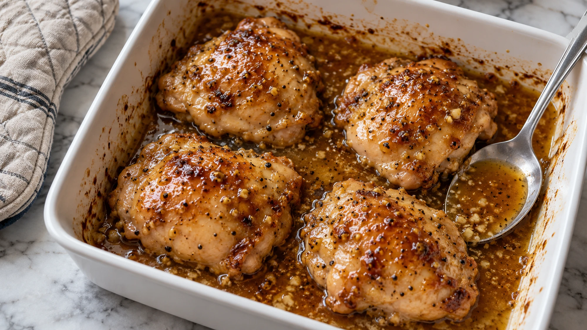 Cooked maple mustard chicken with pan sauce ready to serve