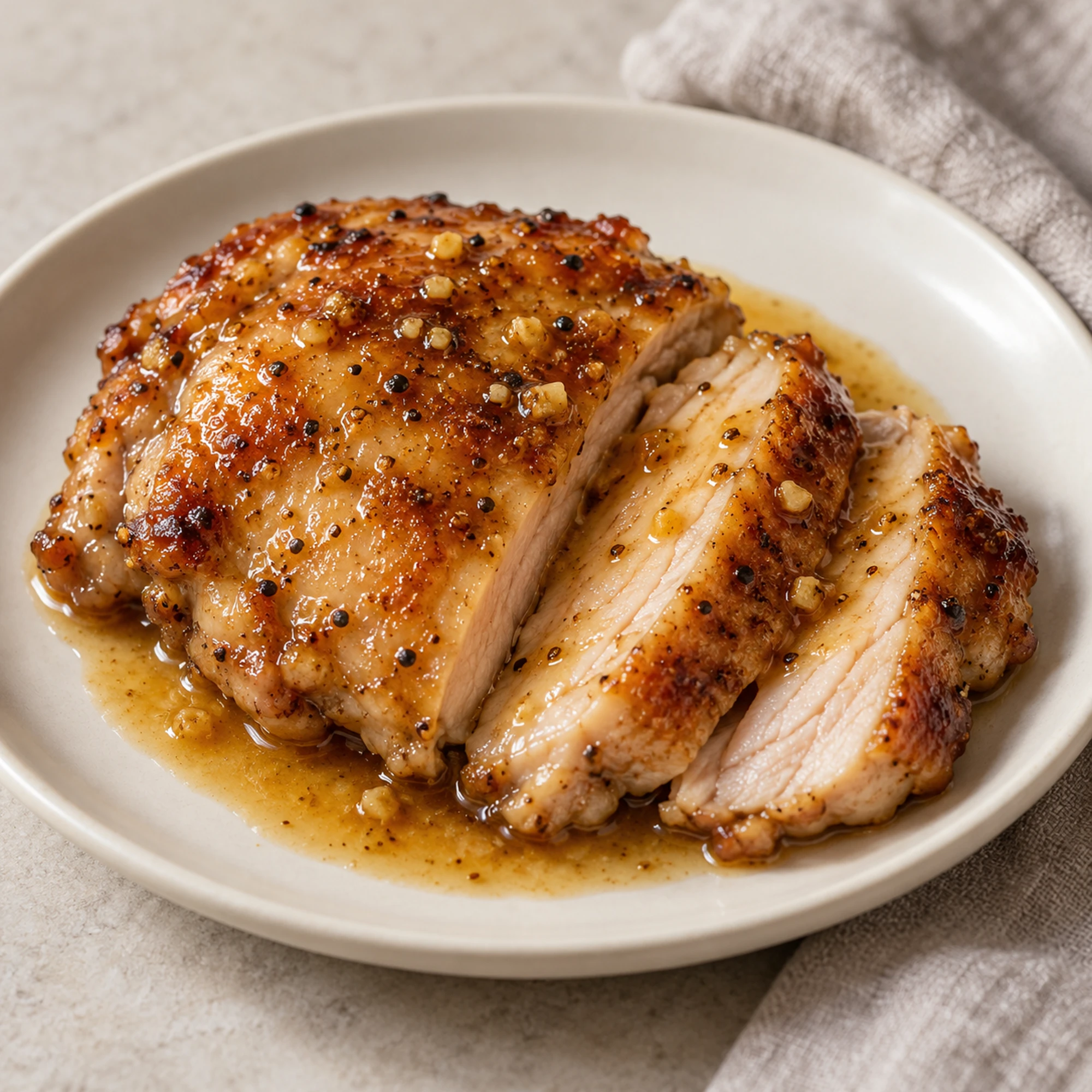 Sliced maple mustard chicken showing its cooked interior