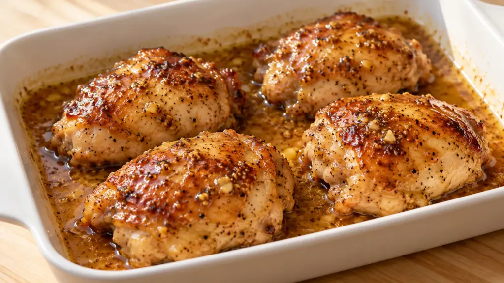 Maple mustard chicken thighs with glossy sauce in a baking dish