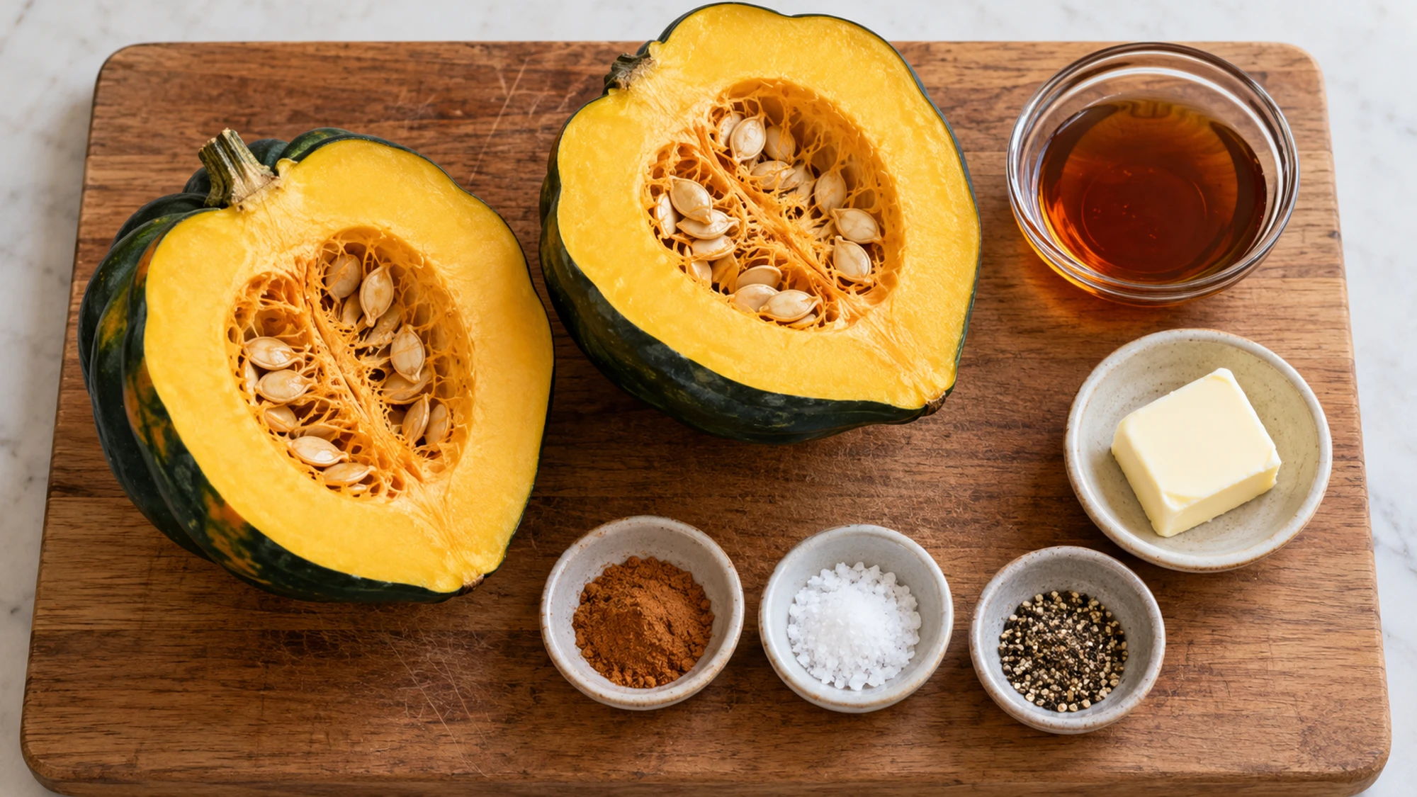 Squash, maple syrup, butter and spices for maple roasted acorn squash