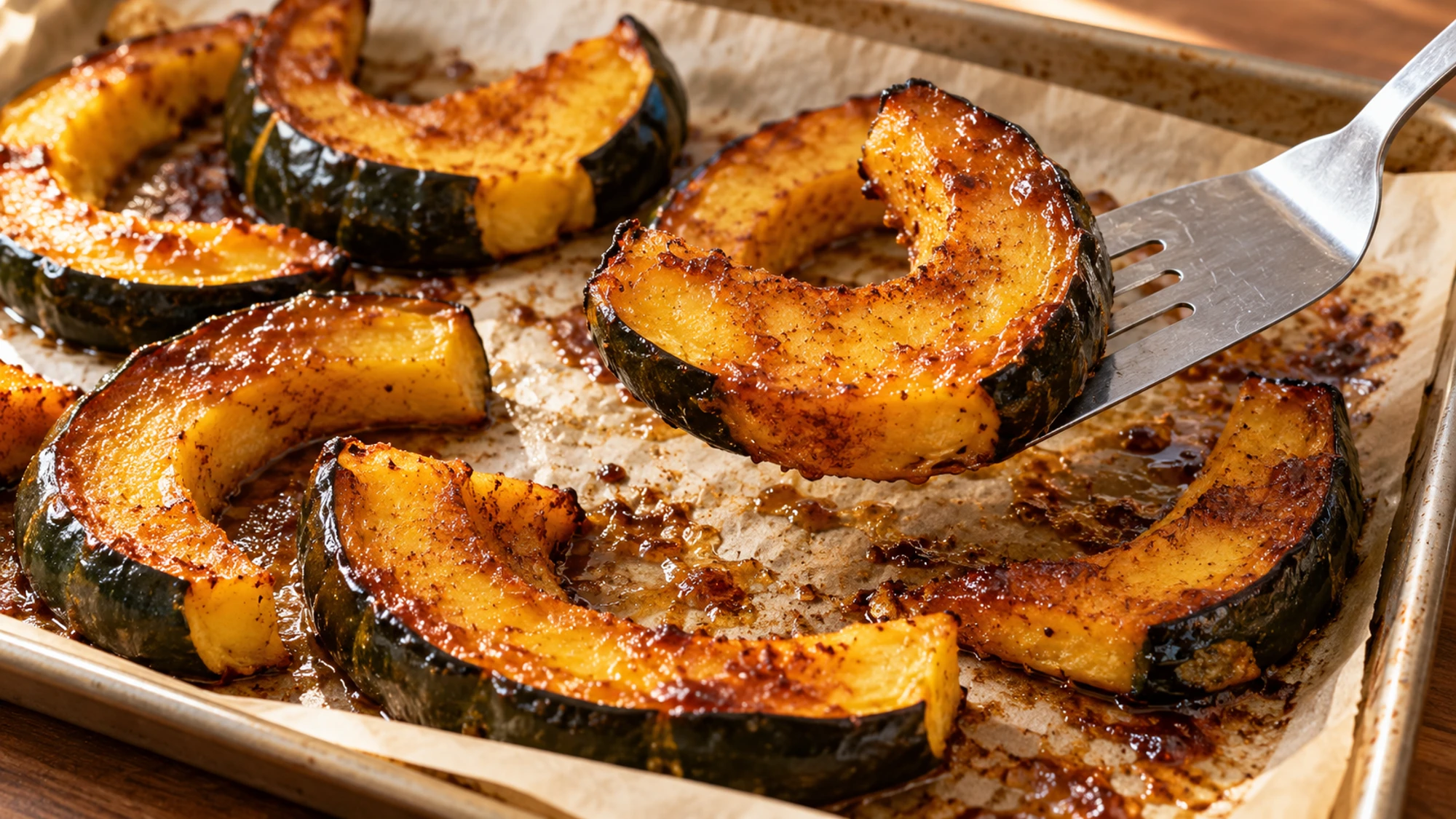 Lifting a golden maple roasted acorn squash wedge from the baking sheet