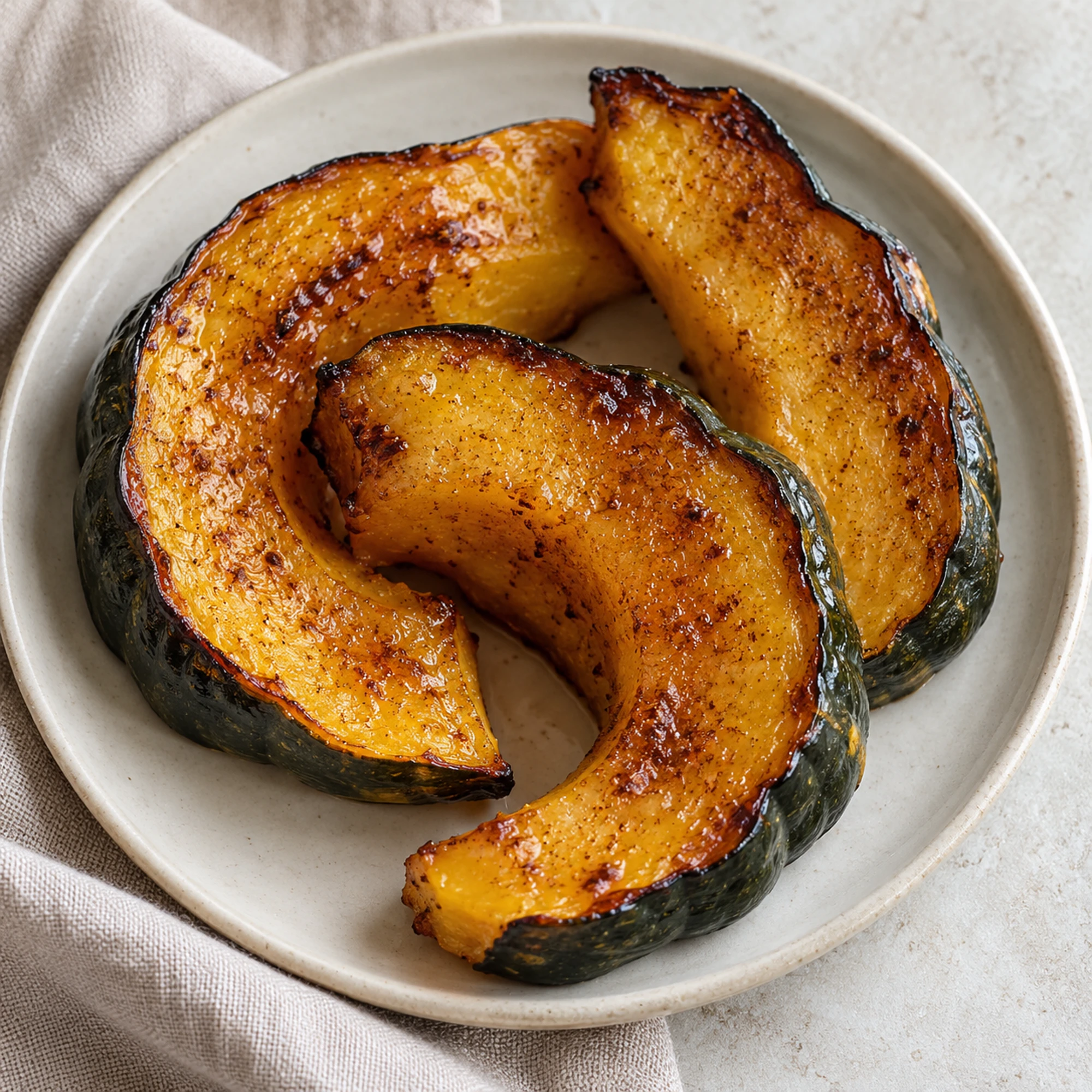 Three tender maple roasted acorn squash wedges on an ivory plate
