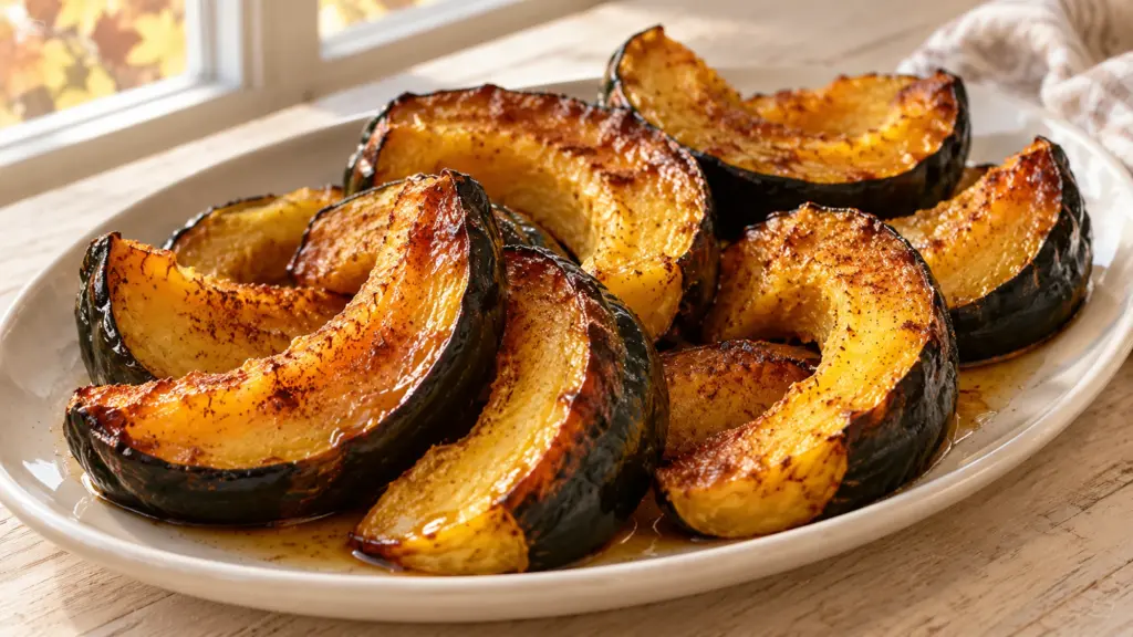 Maple roasted acorn squash wedges with golden edges on a platter