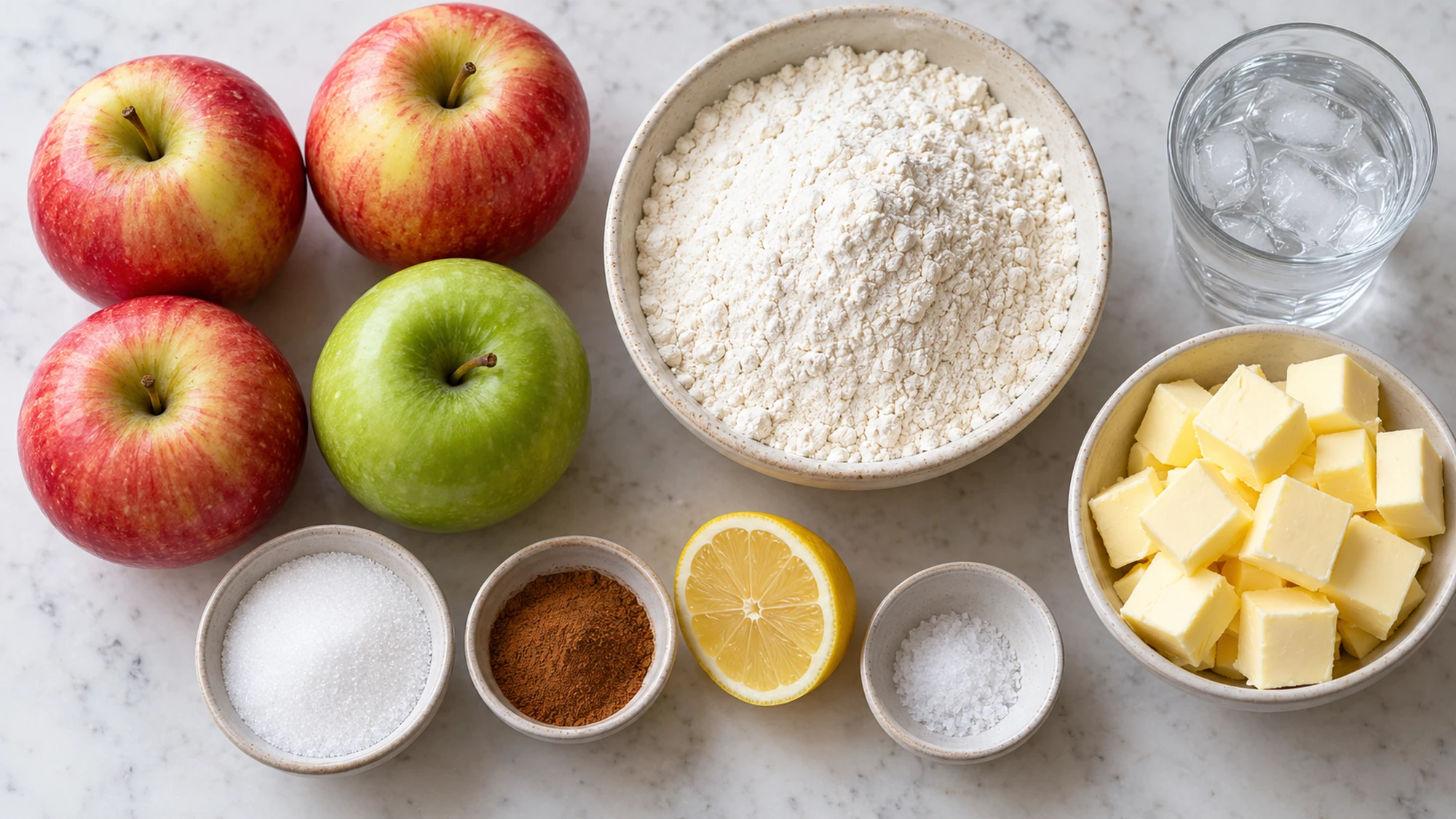 Apples, flour, butter, sugar, cinnamon, lemon and ice water for mini apple pies