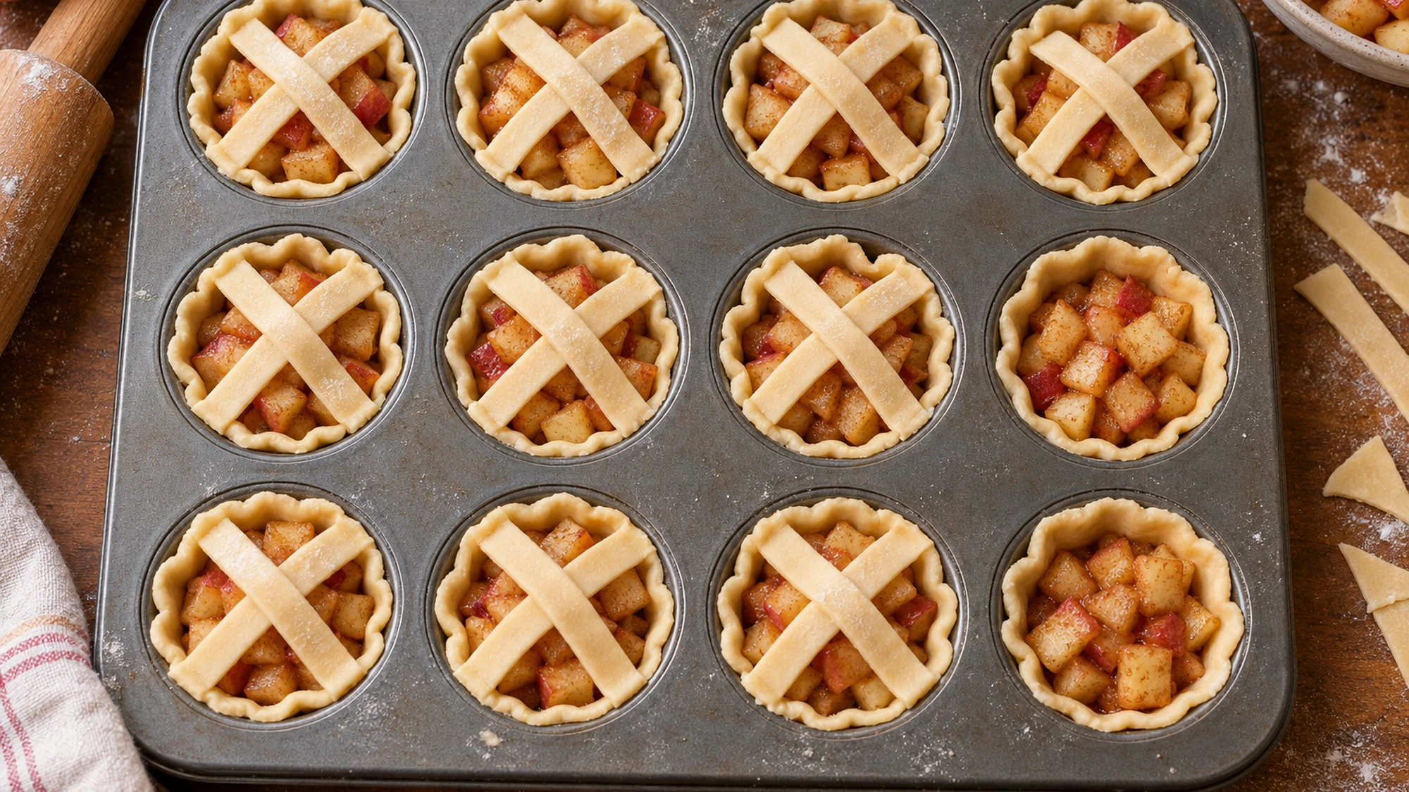 Mini apple pies being assembled in twelve muffin cups with crossed pastry strips