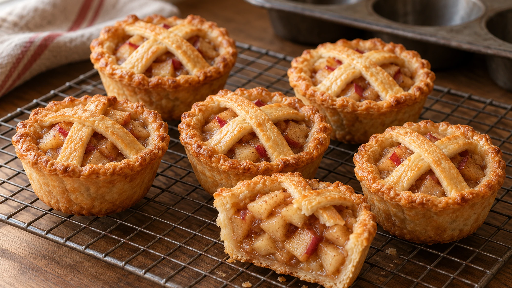Mini apple pies cooling on a wire rack, with one cut open to show the filling