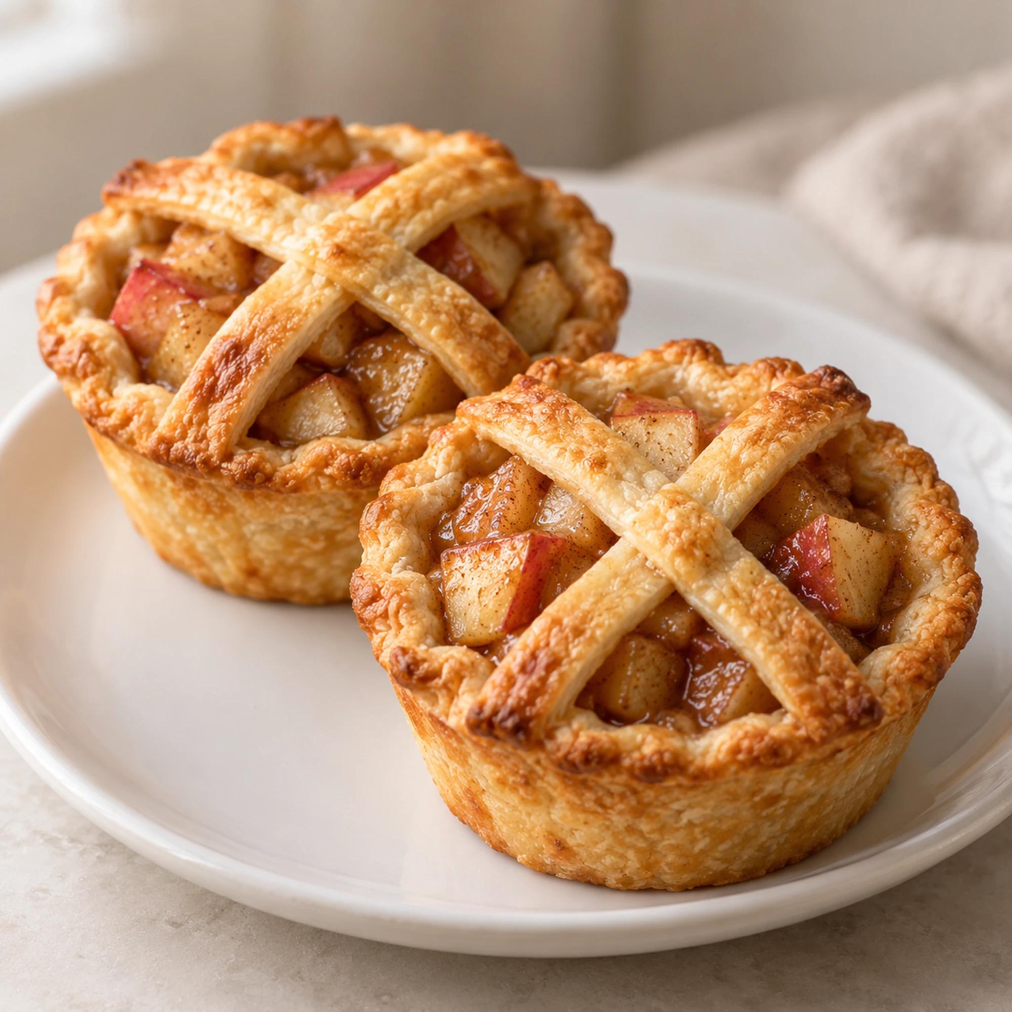 Two golden mini apple pies with crossed pastry tops on a white plate