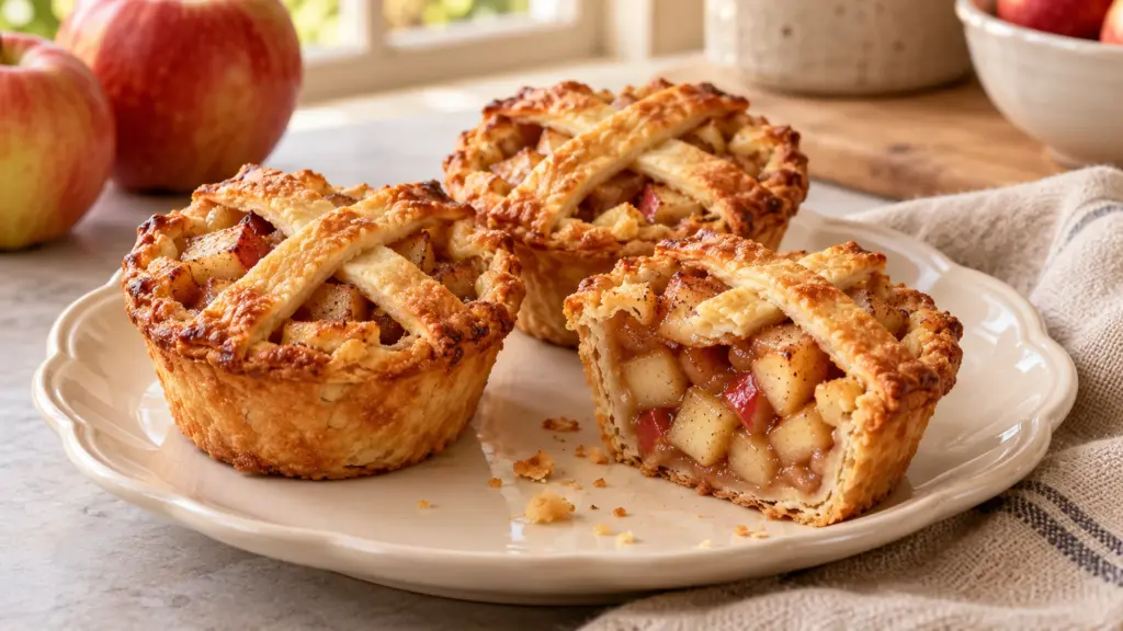 Mini apple pies with crossed pastry tops and a cut pie showing cinnamon apple filling