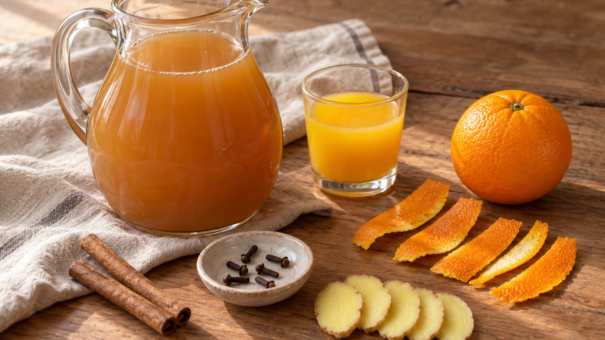 Apple cider, orange juice, peel, cinnamon, cloves and ginger for mulled apple cider