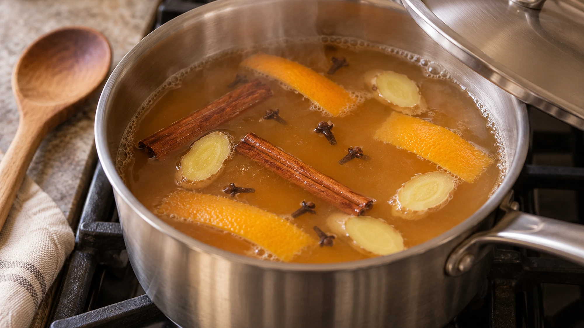 Mulled apple cider gently heating with orange peel and whole spices in a saucepan