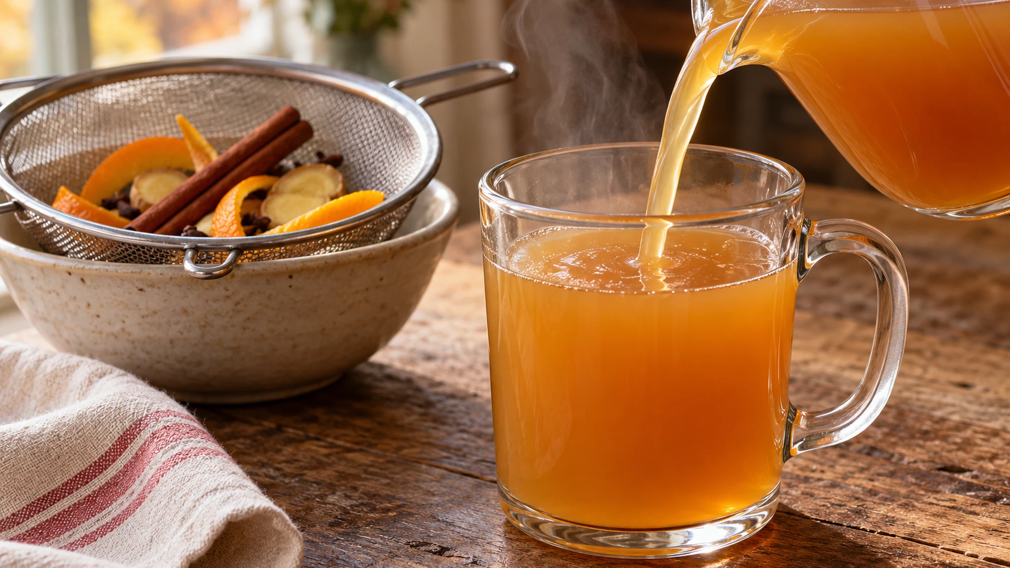 Strained mulled apple cider pouring into a glass mug beside the removed spices