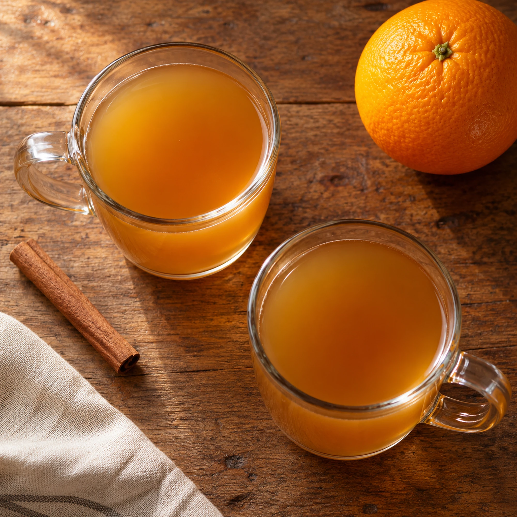 Two mugs of strained mulled apple cider viewed from above beside an orange