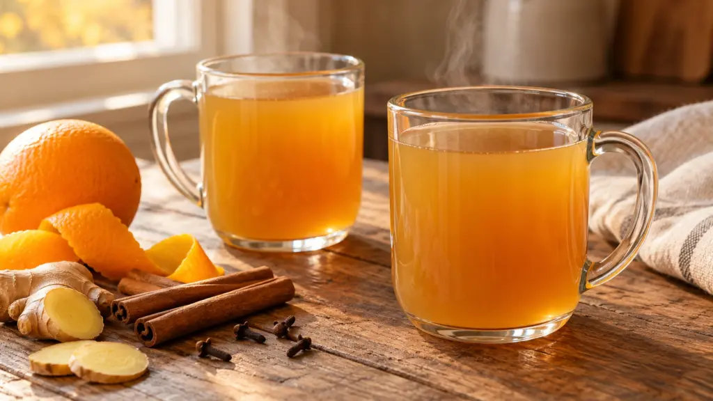 Mulled apple cider steaming in two glass mugs beside cinnamon and orange