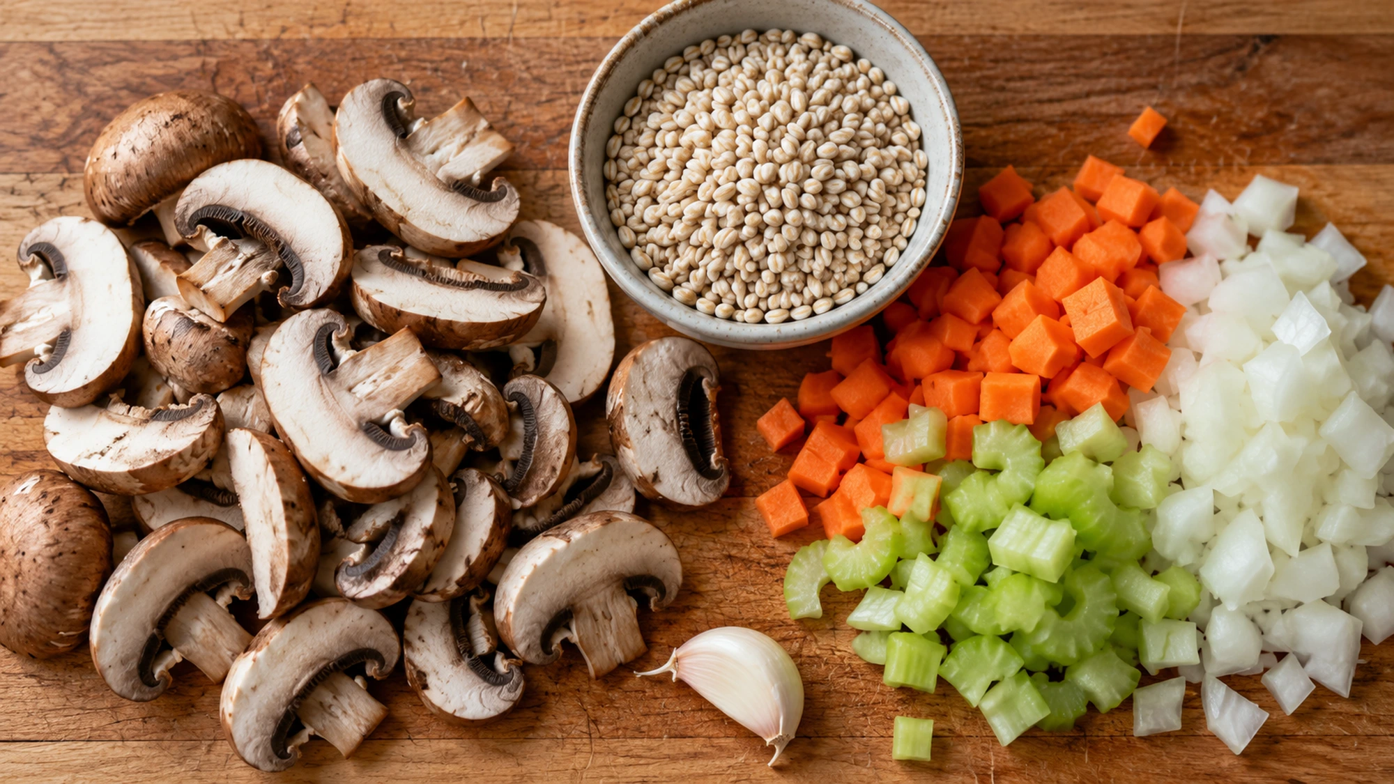 Mushrooms barley and diced vegetables for mushroom barley soup