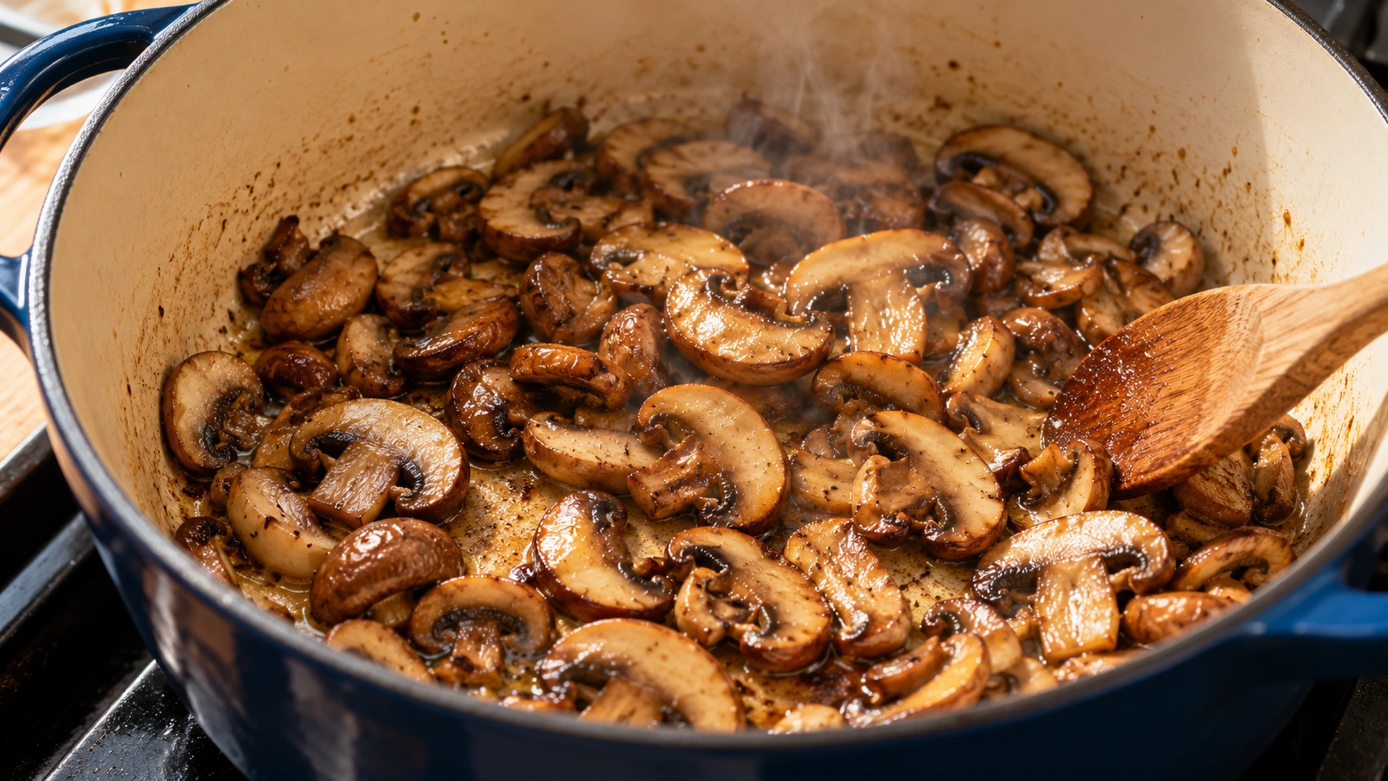 Cremini mushrooms browning for mushroom barley soup