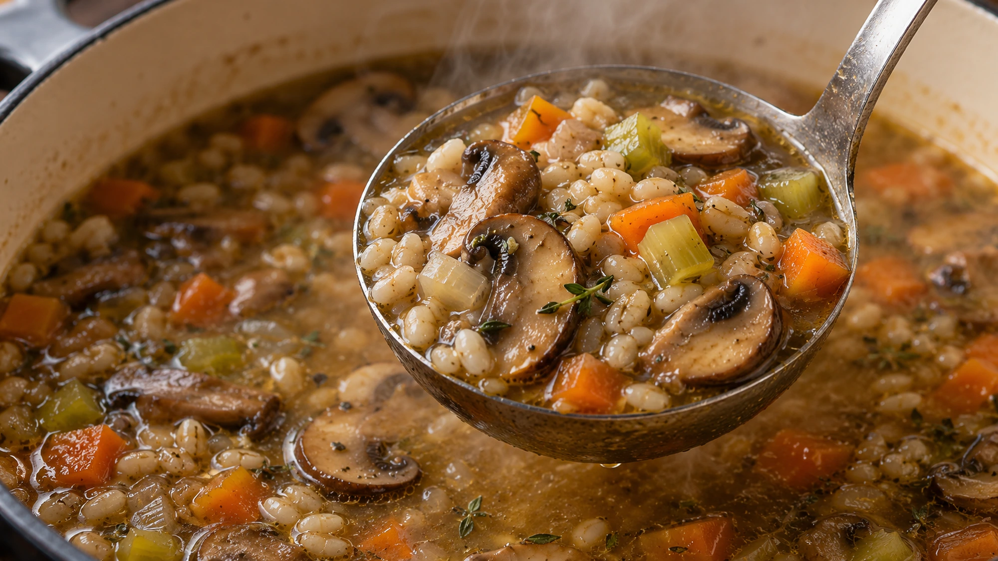 Ladle holding mushroom barley soup with tender grains and vegetables