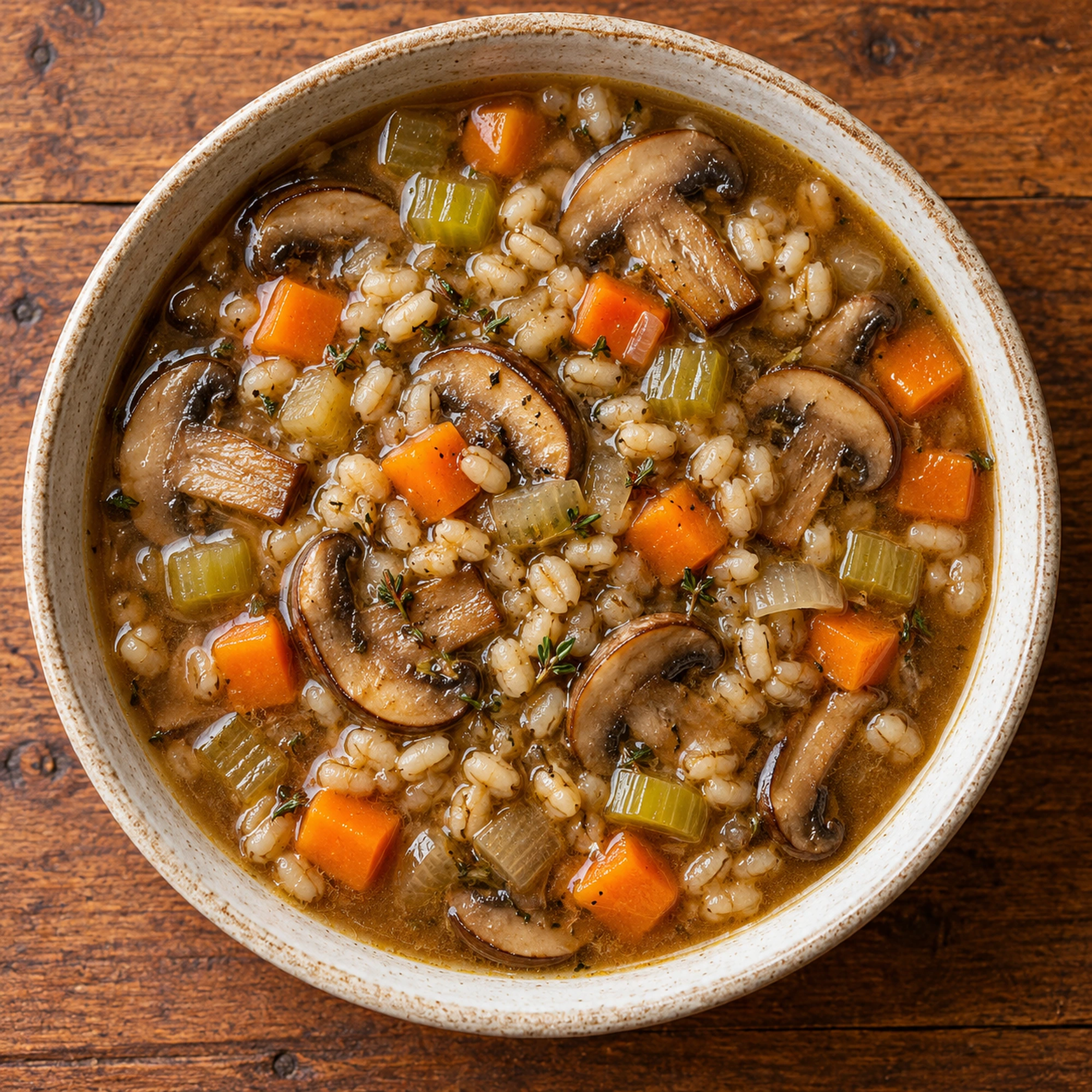 Overhead bowl of mushroom barley soup with thyme