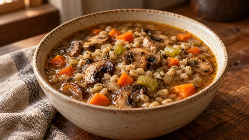 Mushroom barley soup with cremini mushrooms and vegetables