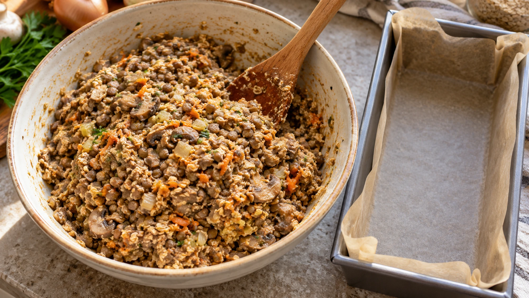 Mushroom lentil loaf mixture beside a parchment-lined loaf pan