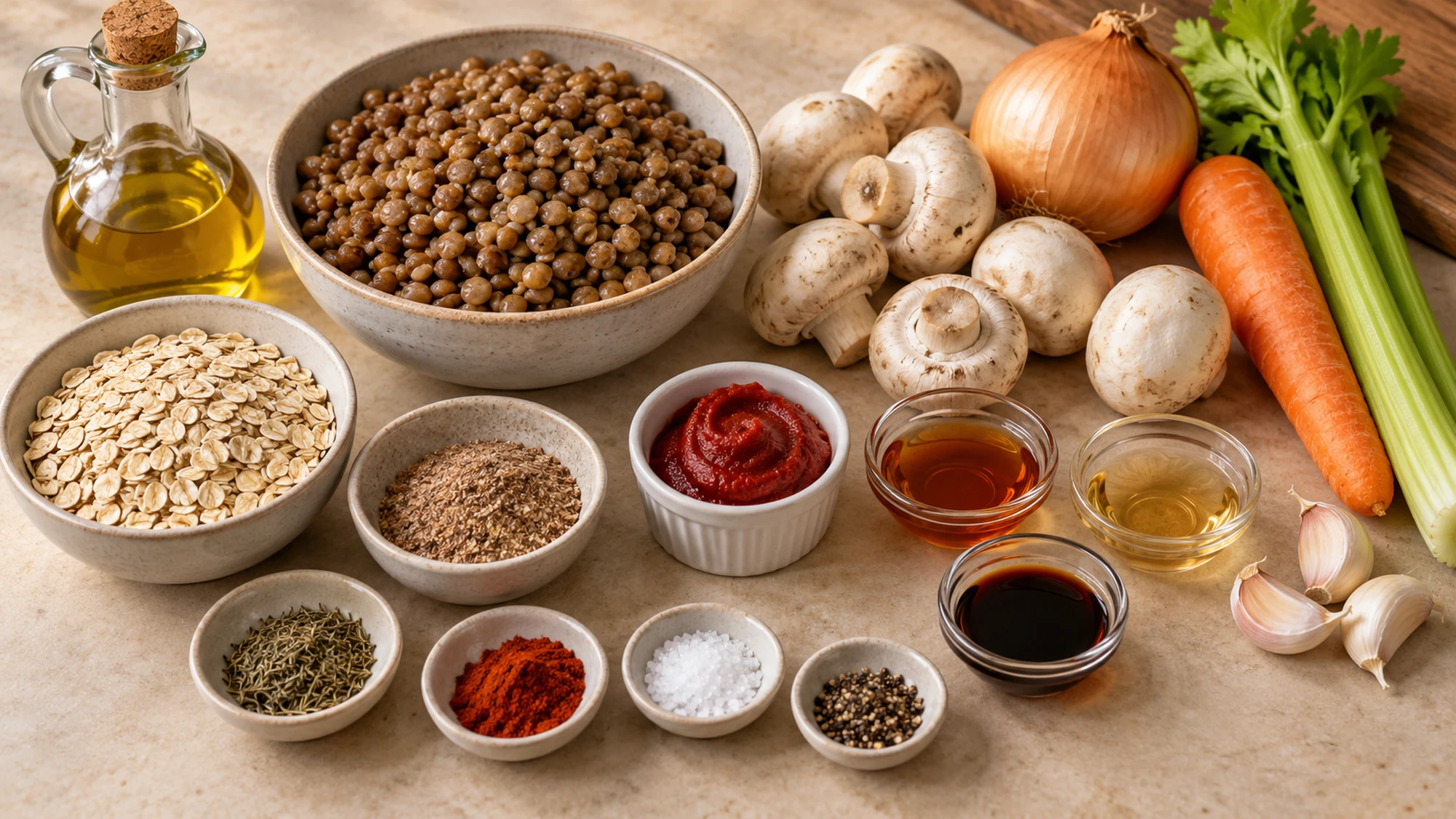 Mushroom lentil loaf ingredients including cooked lentils, mushrooms, oats, and flax