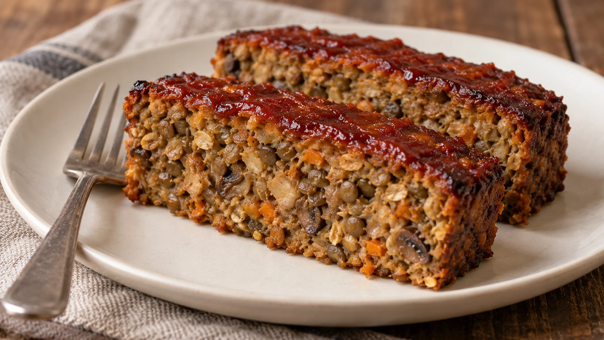 Two slices of mushroom lentil loaf with a tender vegetable-studded interior