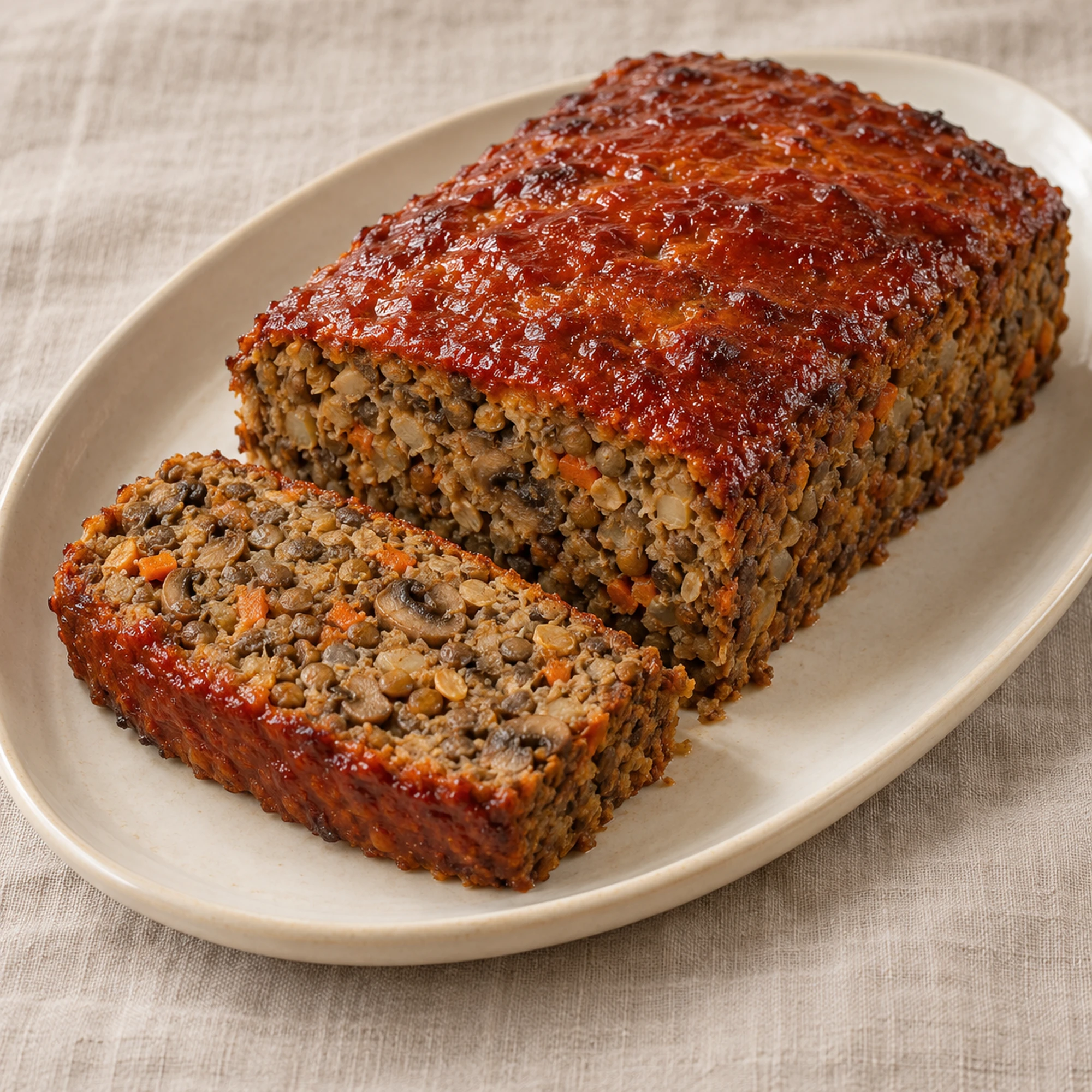 Glazed mushroom lentil loaf on a platter with one slice cut