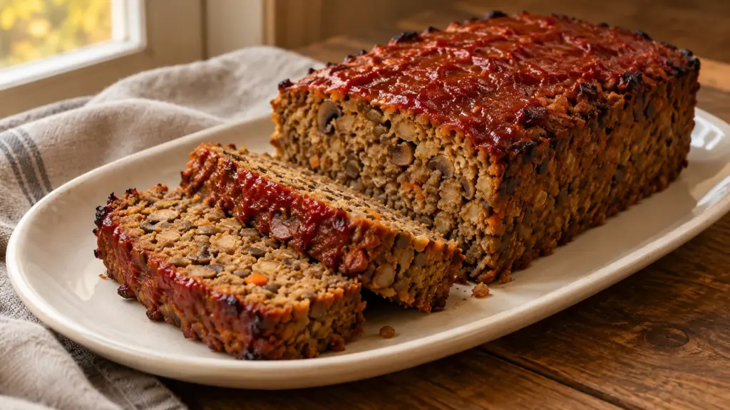 Mushroom lentil loaf with tomato-maple glaze and two cut slices