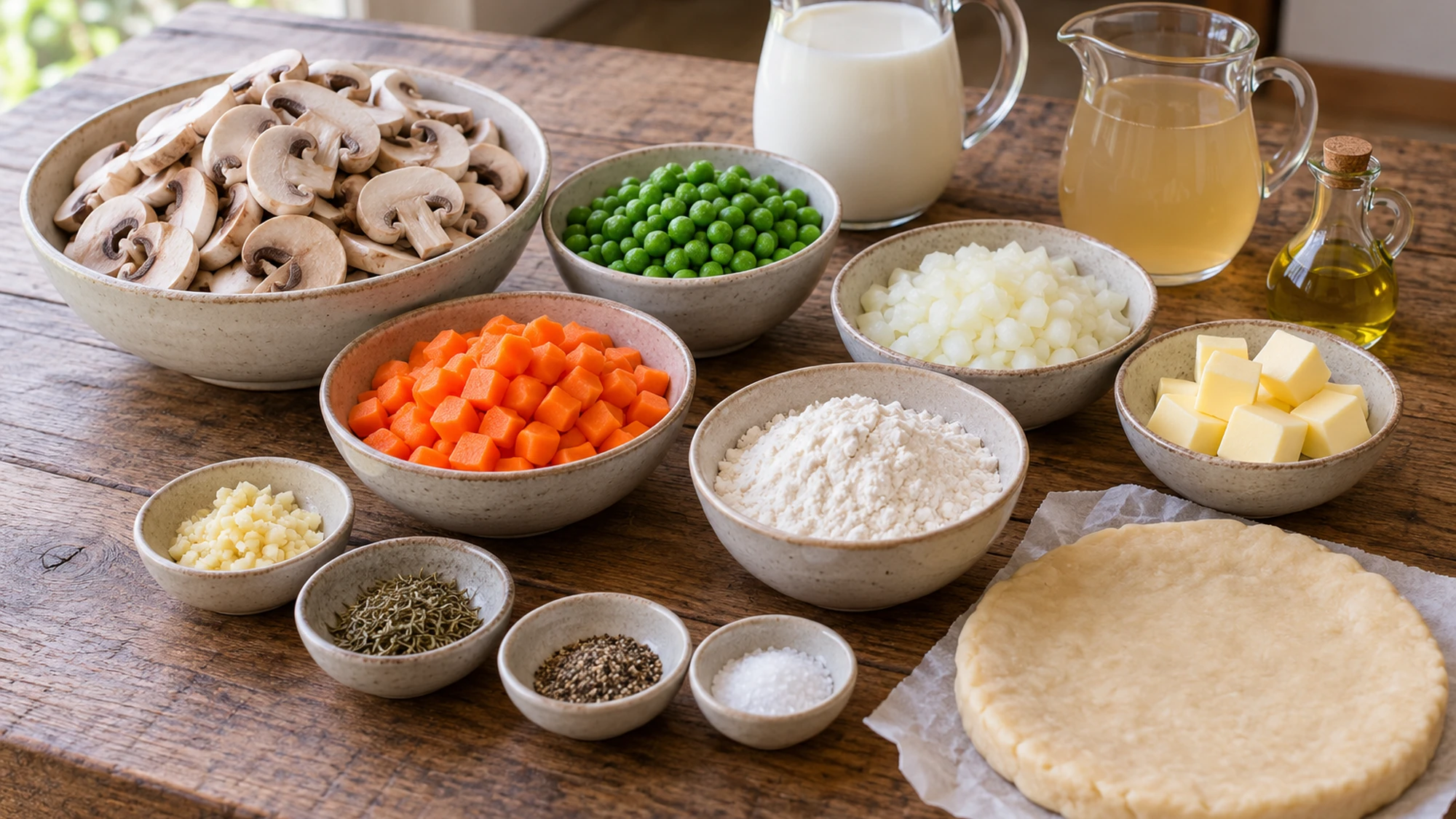 Mushrooms, carrots, peas, milk, butter and pastry dough for mushroom pot pie