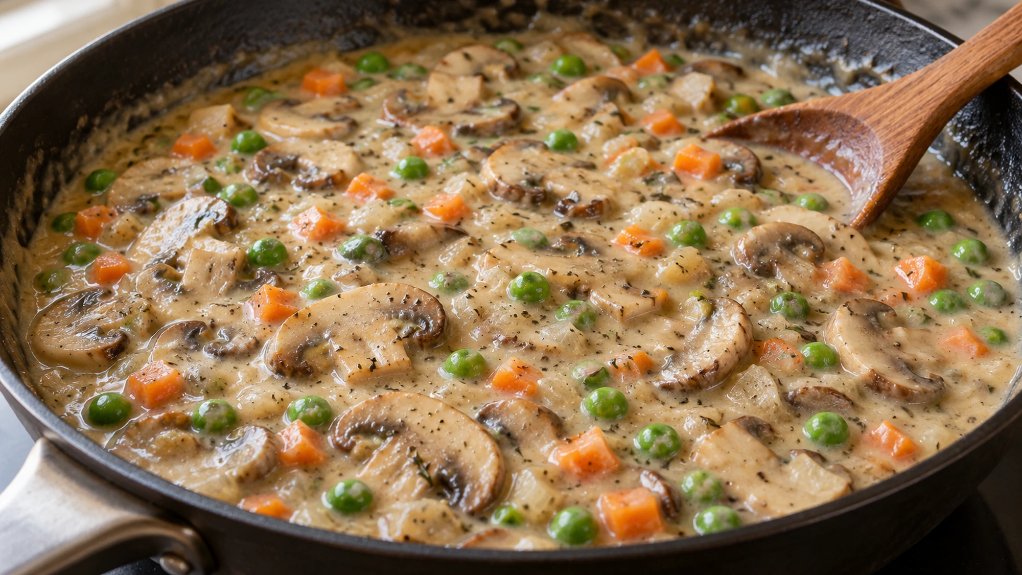 Creamy mushroom pot pie filling with sliced mushrooms, carrots and peas in a skillet