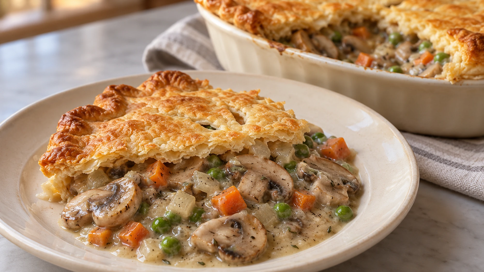 Spoonful of mushroom pot pie with creamy vegetables and a piece of golden top crust