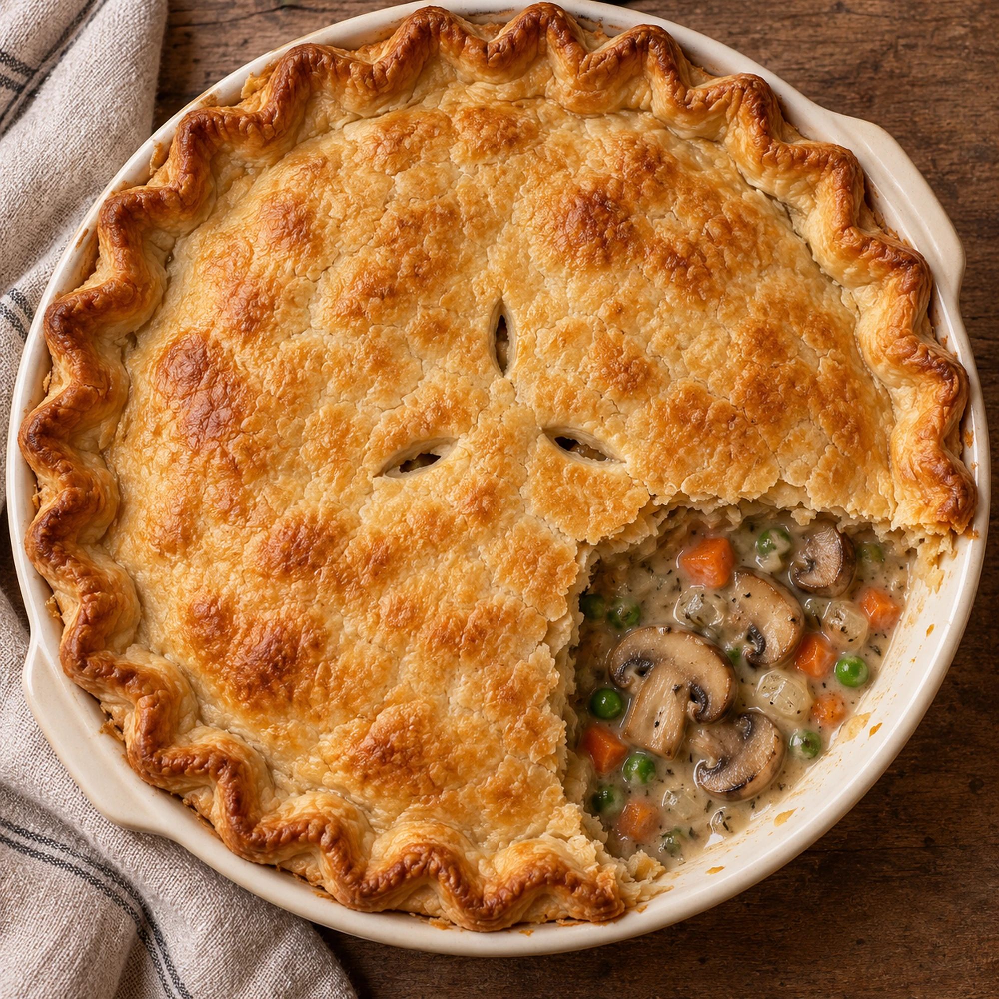 Mushroom pot pie viewed from above with one portion removed to show the vegetable filling