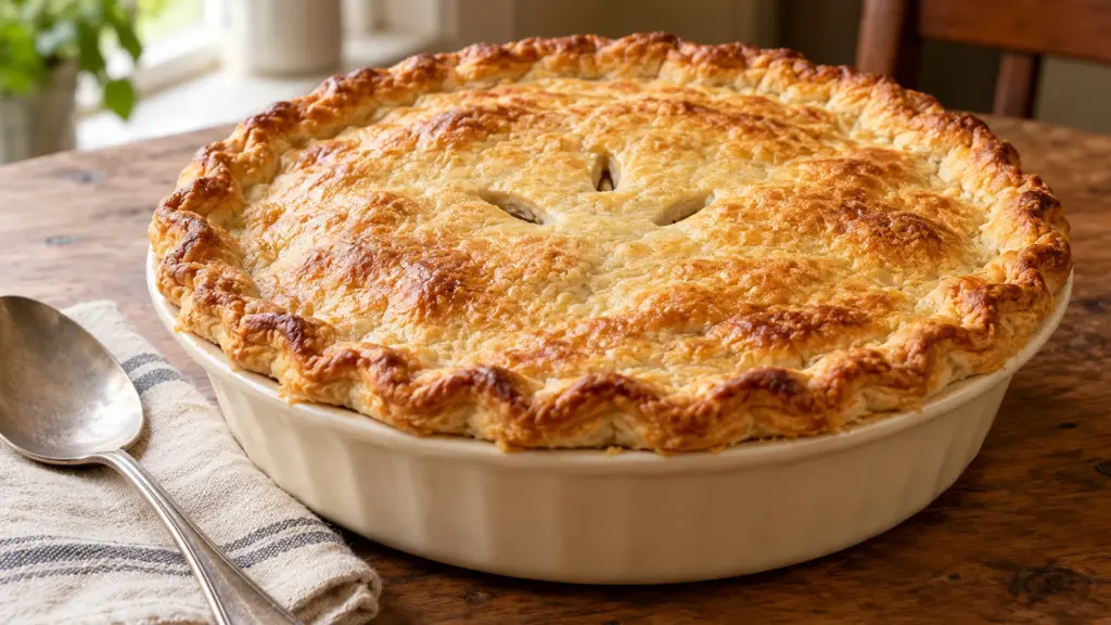 Mushroom pot pie with a golden crimped top crust and three steam vents