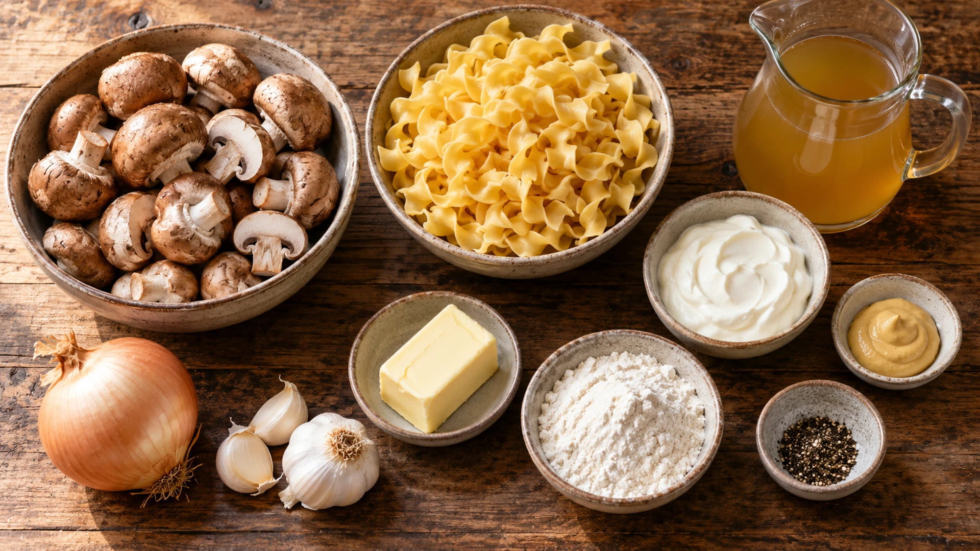 Ingredients for mushroom stroganoff including mushrooms noodles sour cream and Dijon