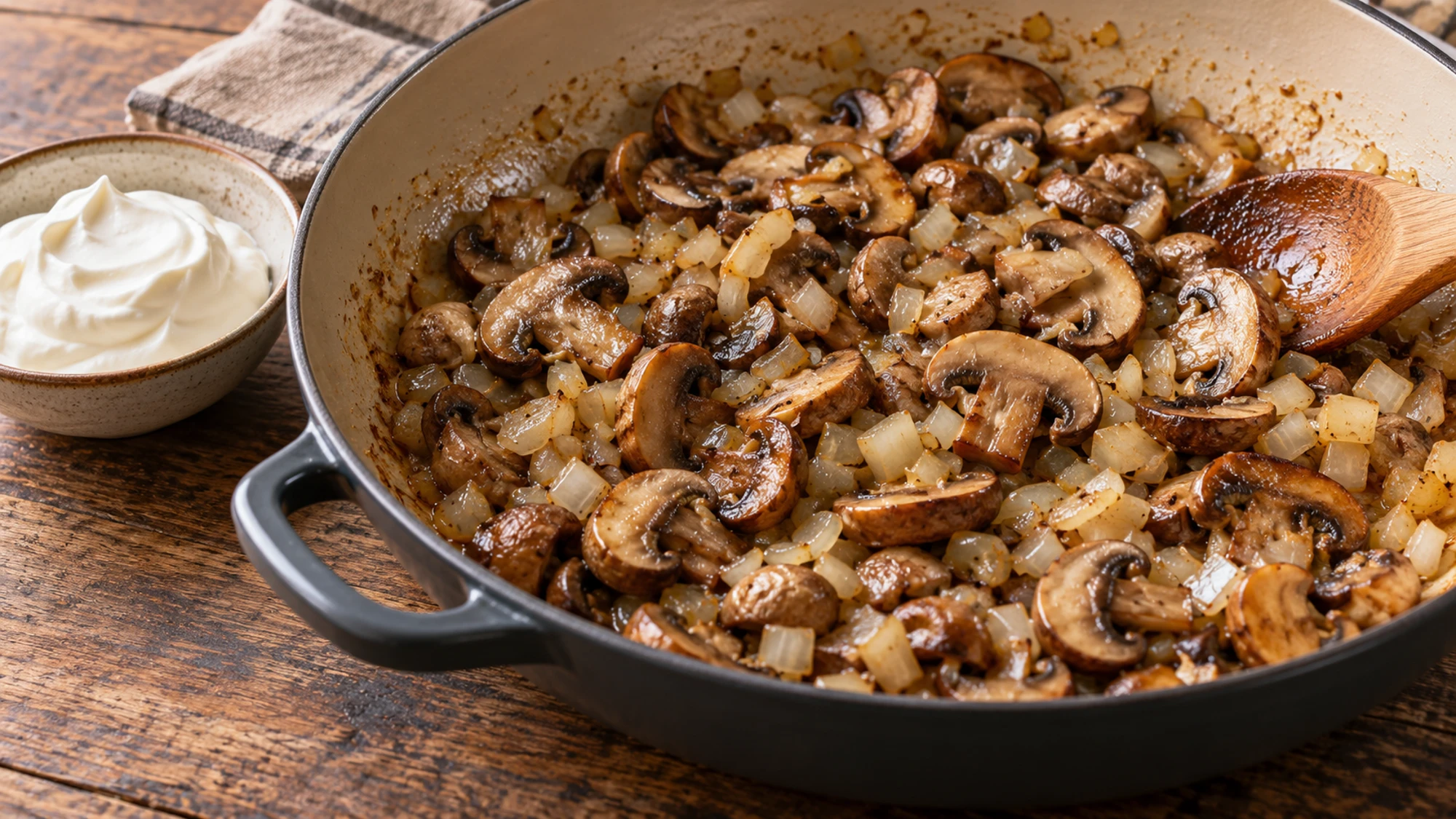 Browned mushrooms and onions in a skillet for mushroom stroganoff