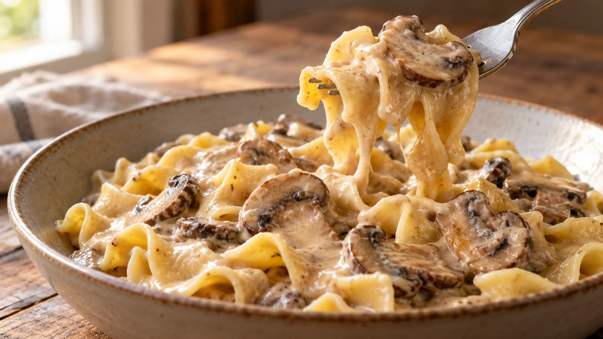 Fork lifting creamy egg noodles and mushrooms from mushroom stroganoff