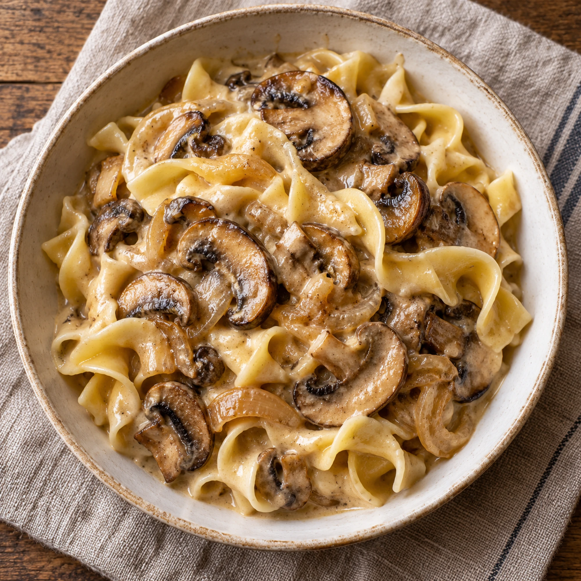 Overhead bowl of mushroom stroganoff with broad egg noodles