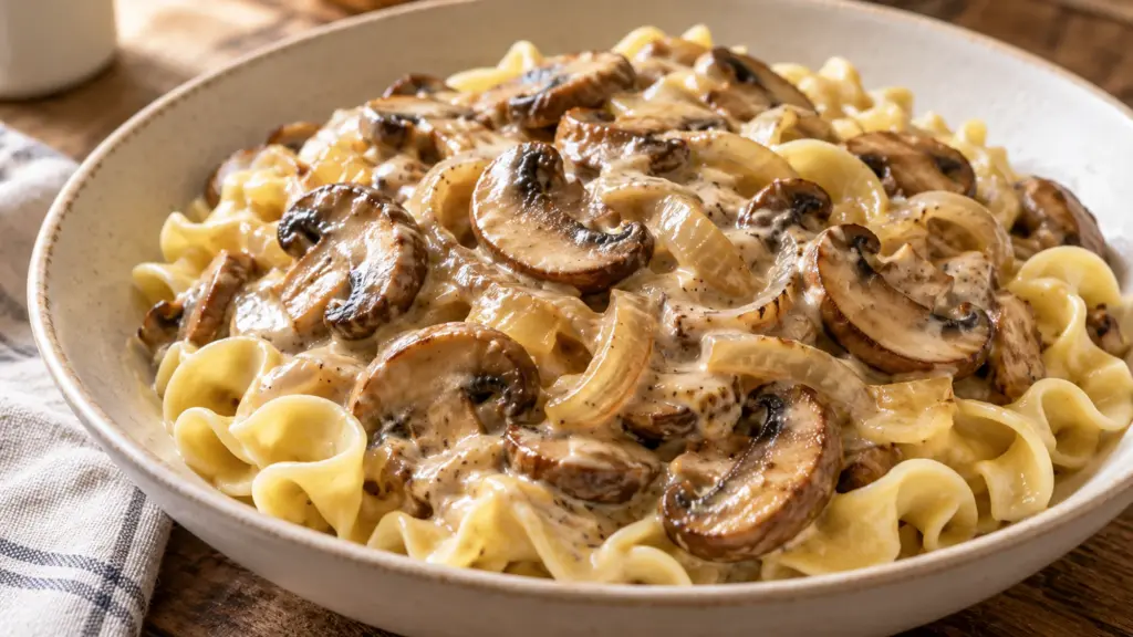 Mushroom stroganoff with browned cremini mushrooms over egg noodles