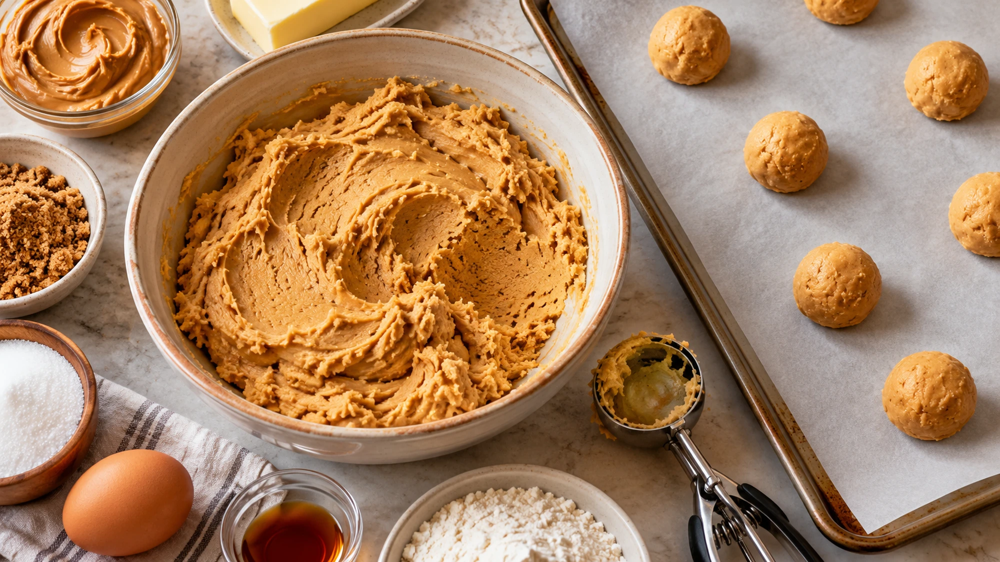 Dough and scooped portions for peanut butter spider cookies