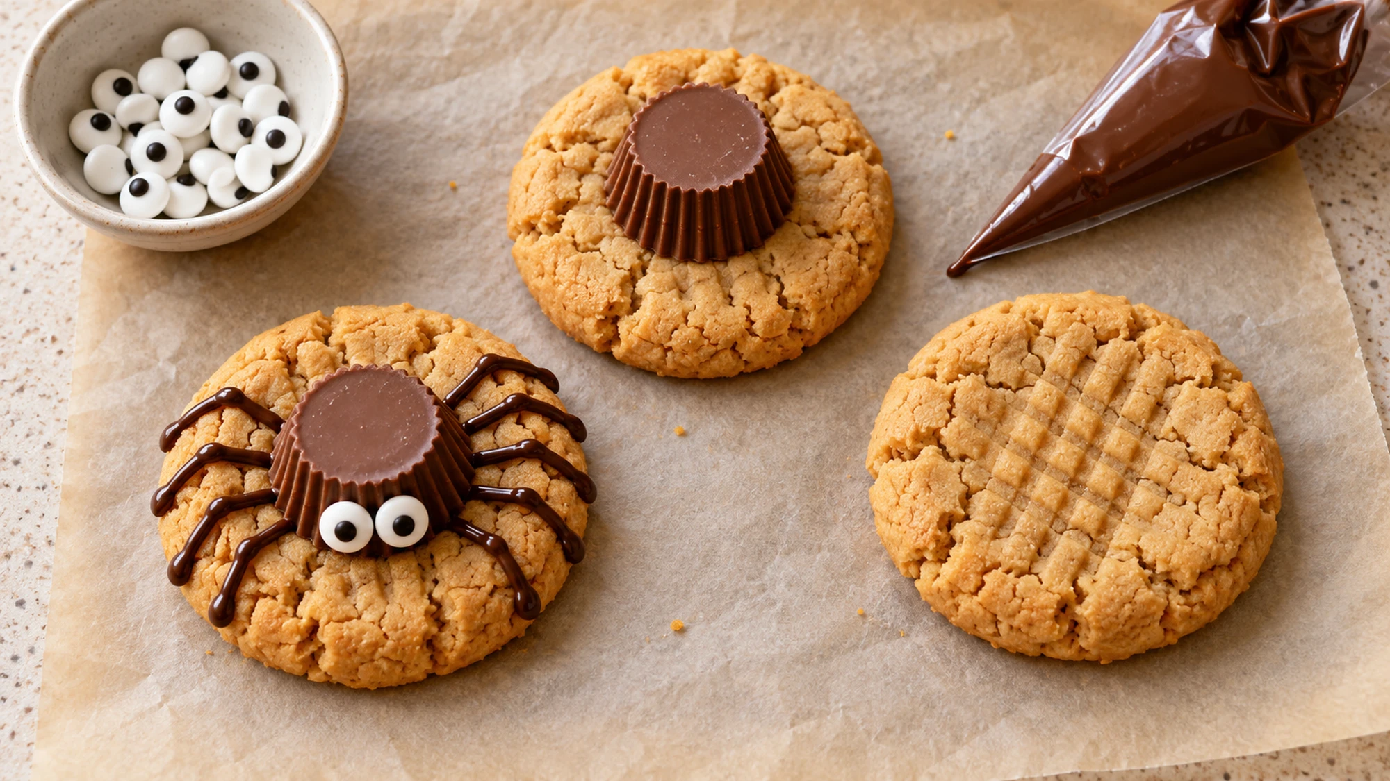 Decorating peanut butter spider cookies with chocolate legs and candy eyes