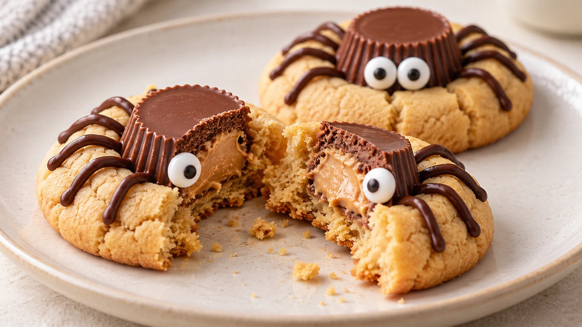 Broken peanut butter spider cookies showing their tender centers