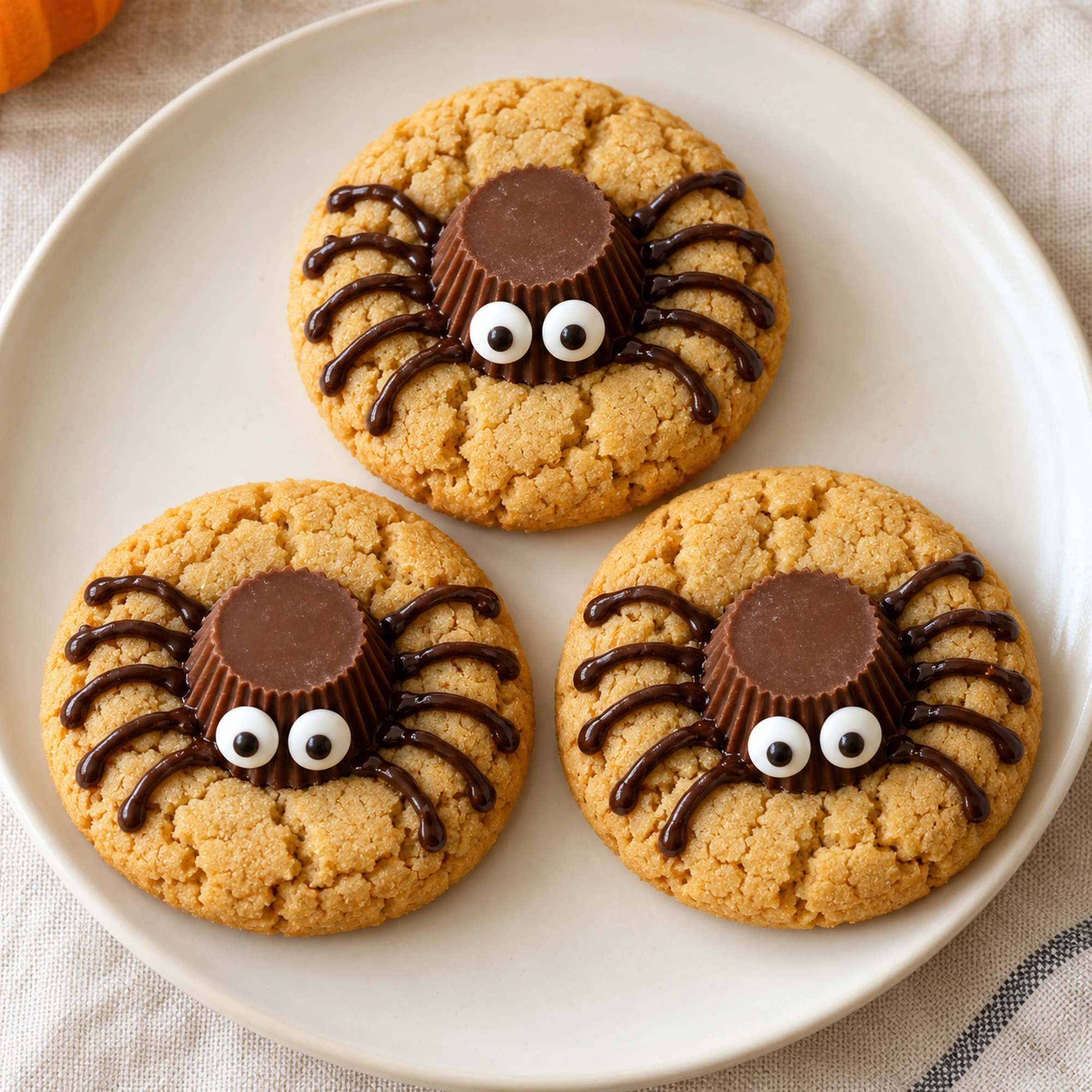 Three peanut butter spider cookies arranged on a cream plate