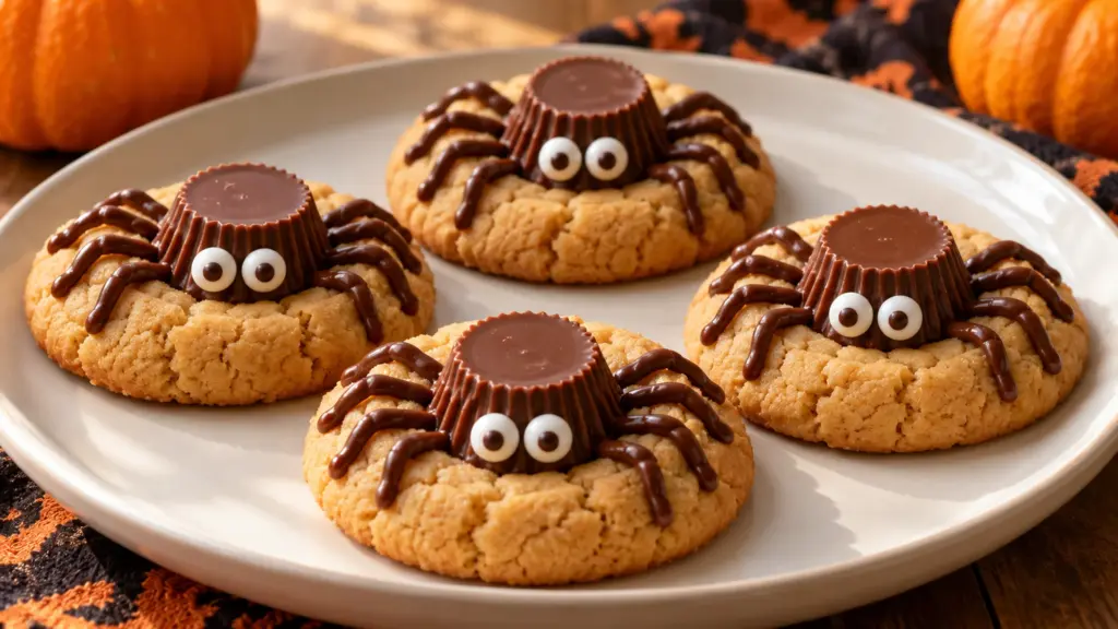 Peanut butter spider cookies with chocolate cups, candy eyes, and piped legs