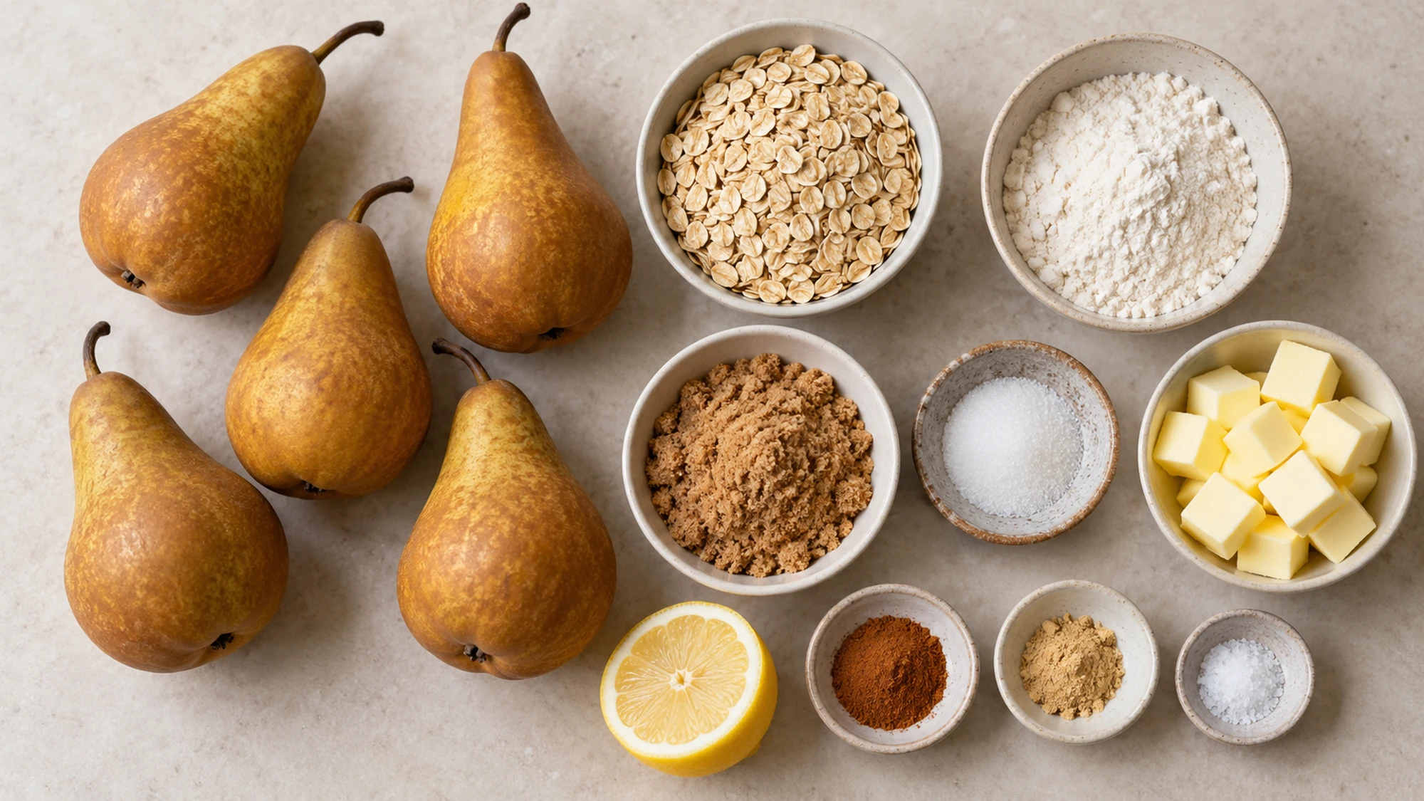 Bosc pears, oats, flour, sugars, butter and spices for pear crisp