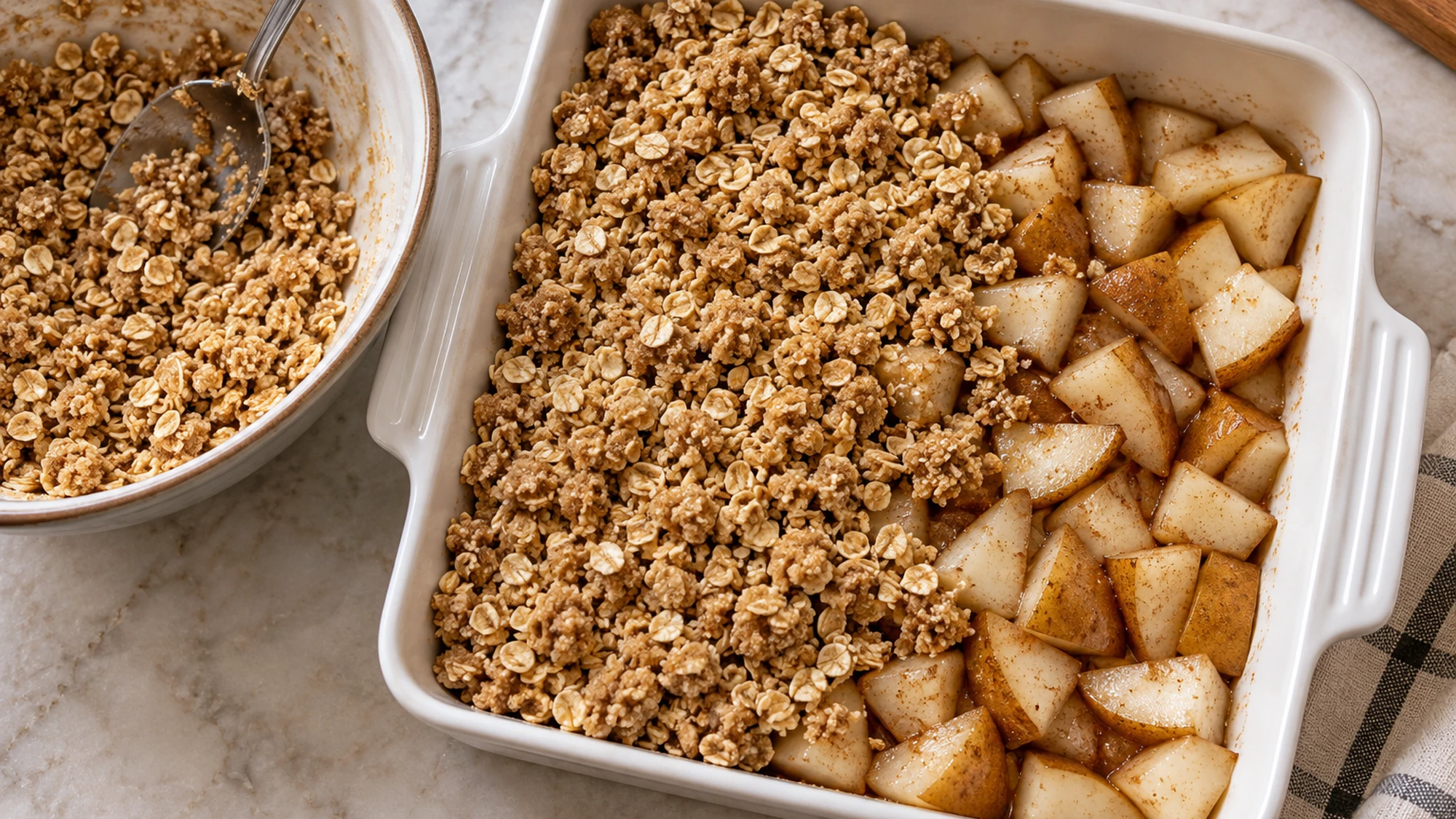 Pear crisp being assembled with oat crumble over seasoned skin-on pear pieces