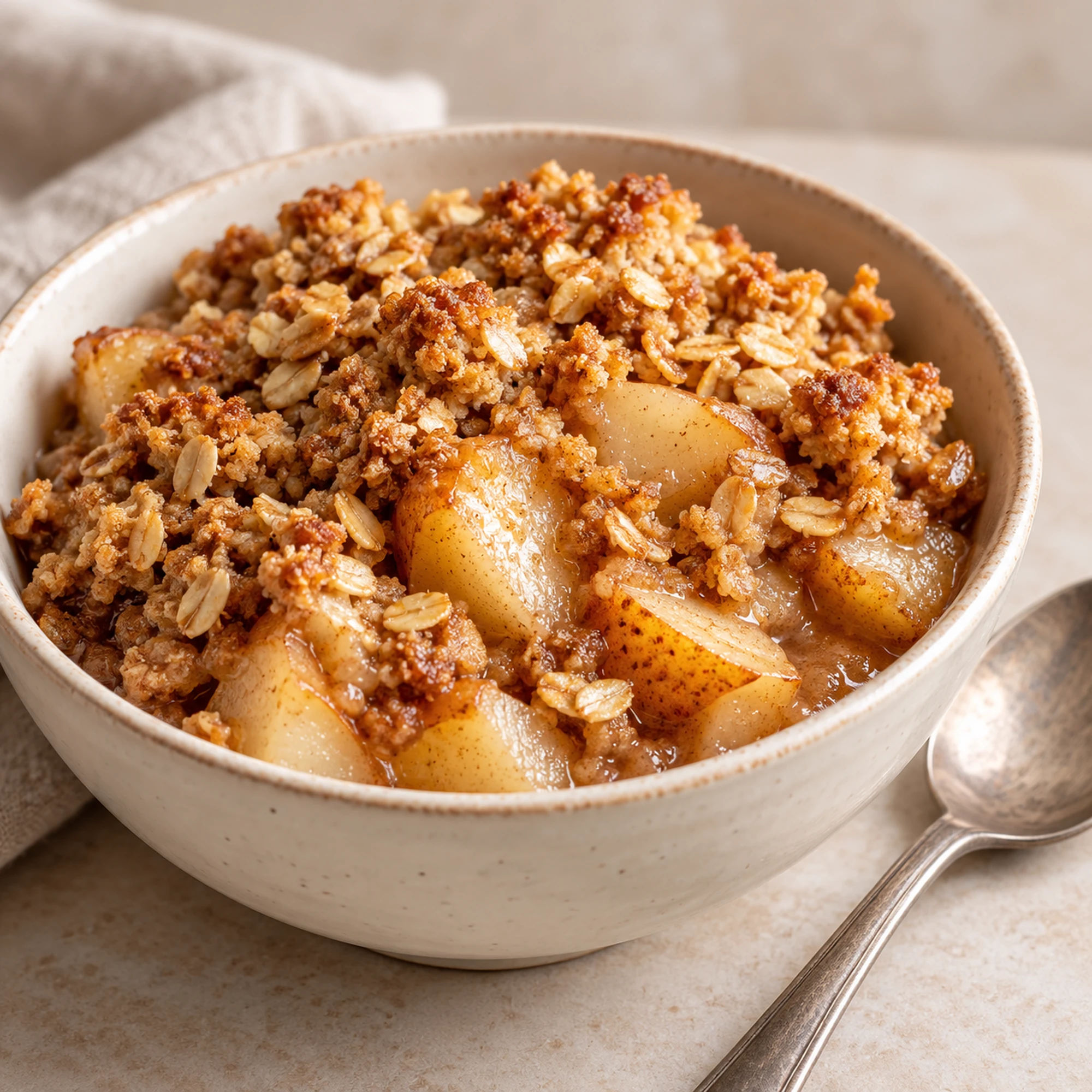 Pear crisp served in a cream bowl with golden oat crumbs and juicy pear pieces
