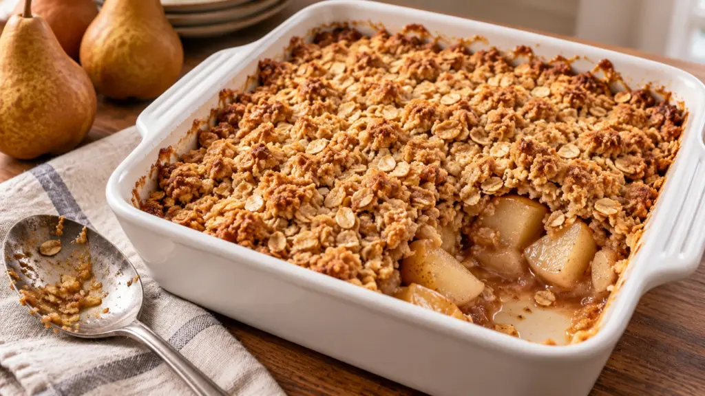 Pear crisp with golden oat topping and tender pears in a white baking dish