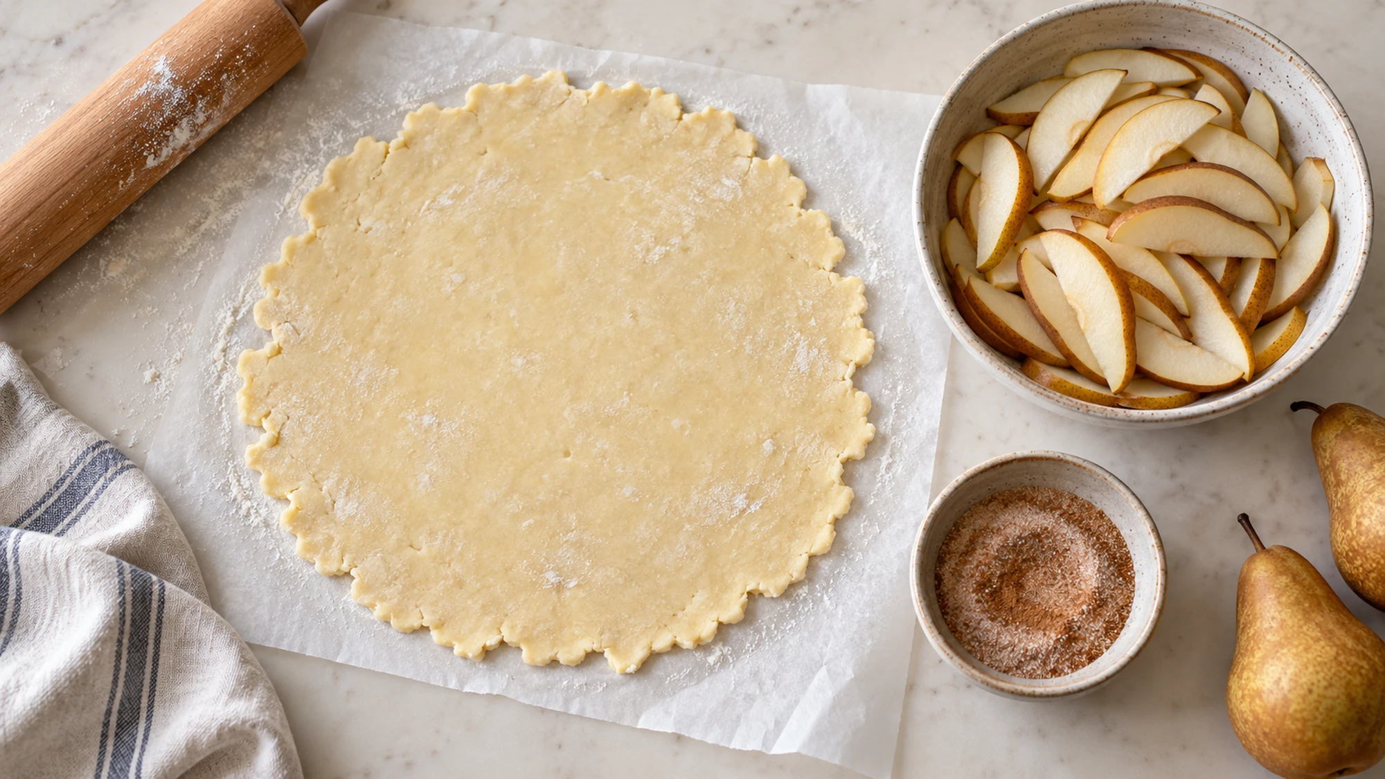 Rolled pastry and sliced pears ready to assemble a pear galette