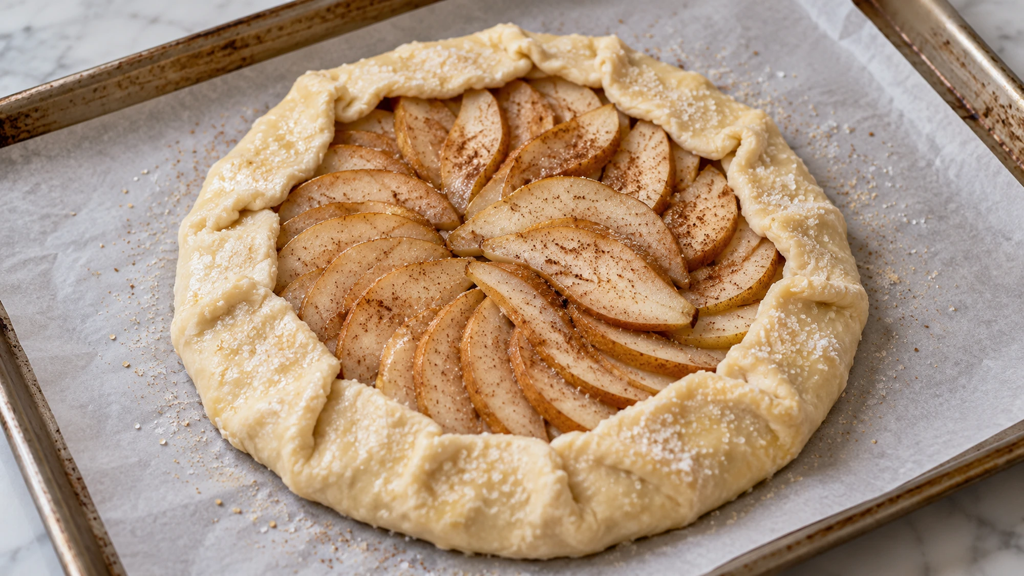Unbaked pear galette with folded pastry on a baking tray