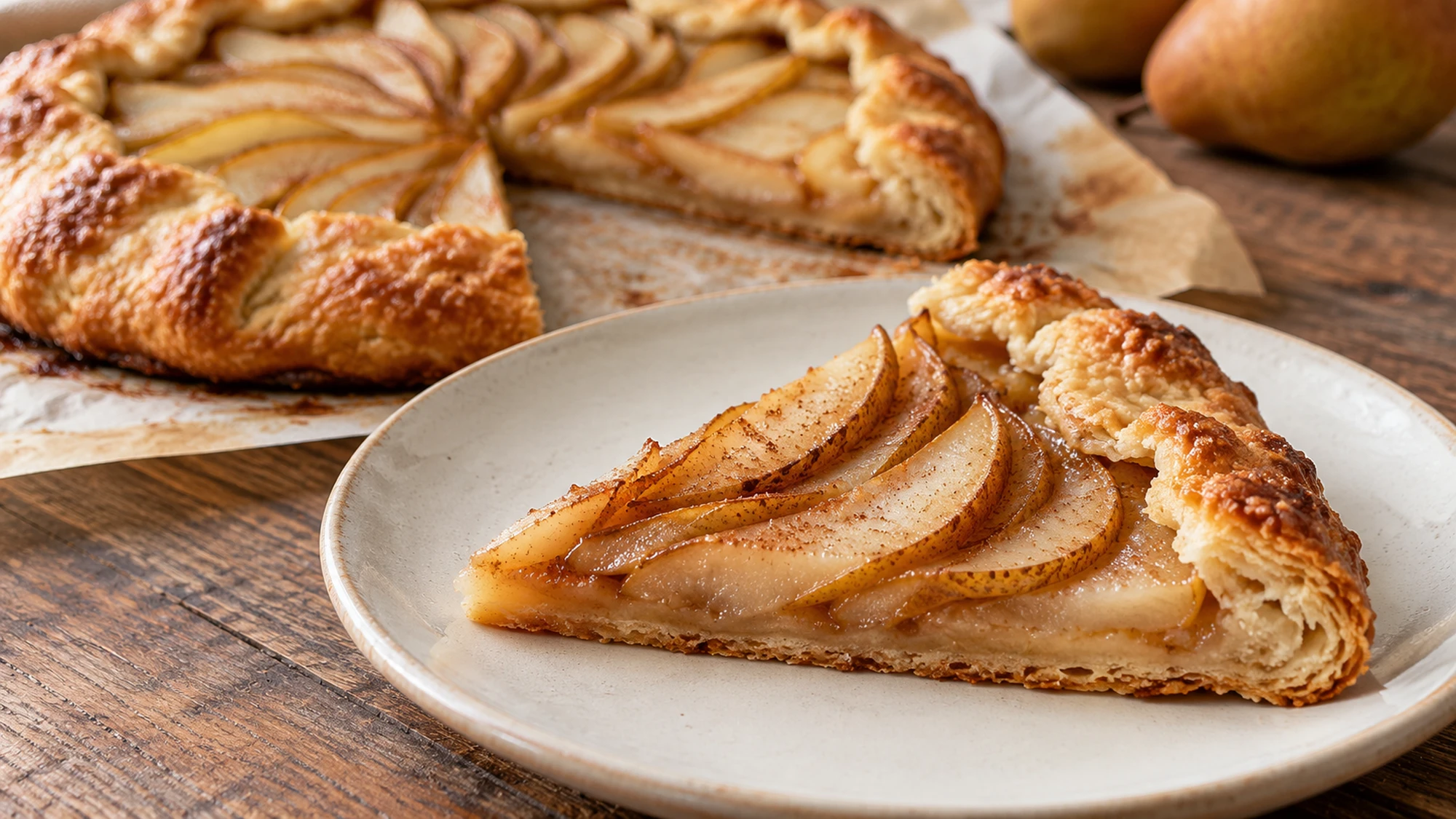 A slice of pear galette showing tender fruit and baked pastry